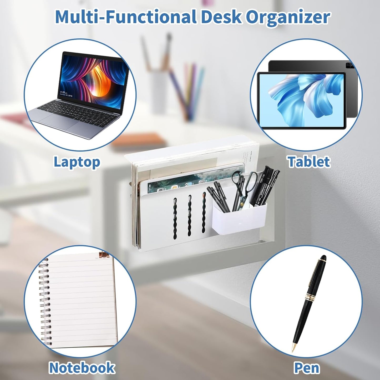 Desk Side Storage, Side Desk Laptop Holder with Anti-Scratch Pad & Magnetic Pen Holder, No Drill Under Table Laptop Mount Fits Flat Edge 0.3" to 2.3"