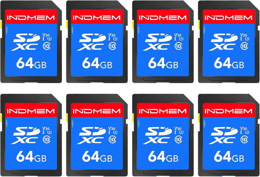 INDMEM SD Card 64GB 8-Pack, Class 10 64GB High Speed up to 90M/S Full HD Video Flash Memory Card MLC Standard Secure Digital Cards Camera Cards