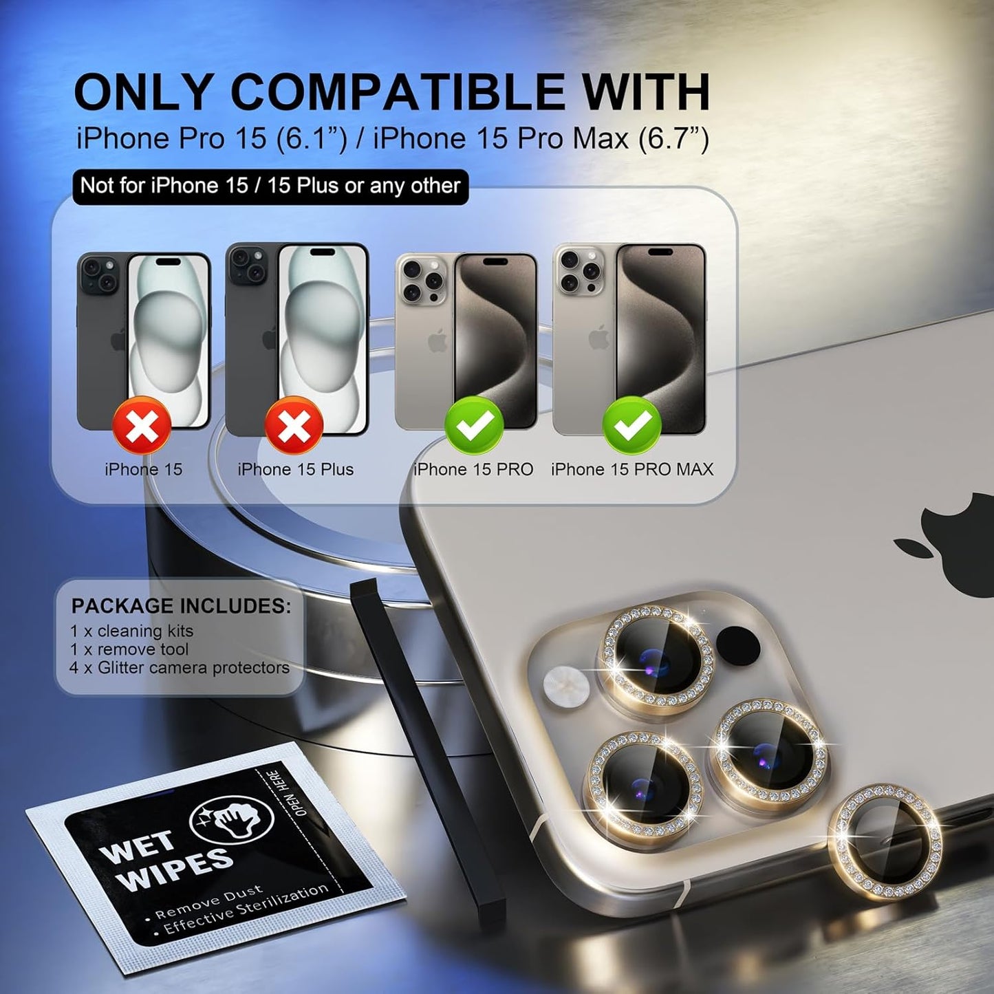 Choiche Compatible for iPhone 15 Pro/iPhone 15 Pro Max Camera Lens Protector Bling, 9H Tempered Glass Camera Cover Screen Protector Metal Ring Decoration Accessories (Diamond-Gold)