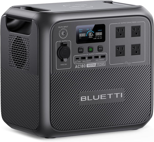 BLUETTI Portable Power Station AC180, 1152Wh LiFePO4 Battery Backup w/ 2 1800W (2700W peak) AC Outlets, 0-80% in 45Min, Solar Generator for Camping, Off-grid, Power Outage