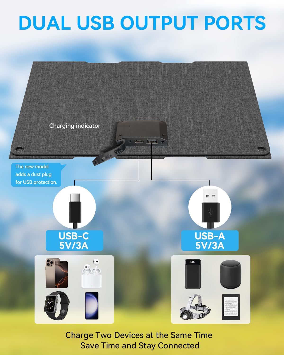 Ecosonique 30W Portable Solar Charger Foldable Solar Panels with USB C USB A ETFE Waterproof for Camping Backpacking Compatible with Cell Phone, iPhone, iPad, Samsung Galaxy, LG, Power Banks