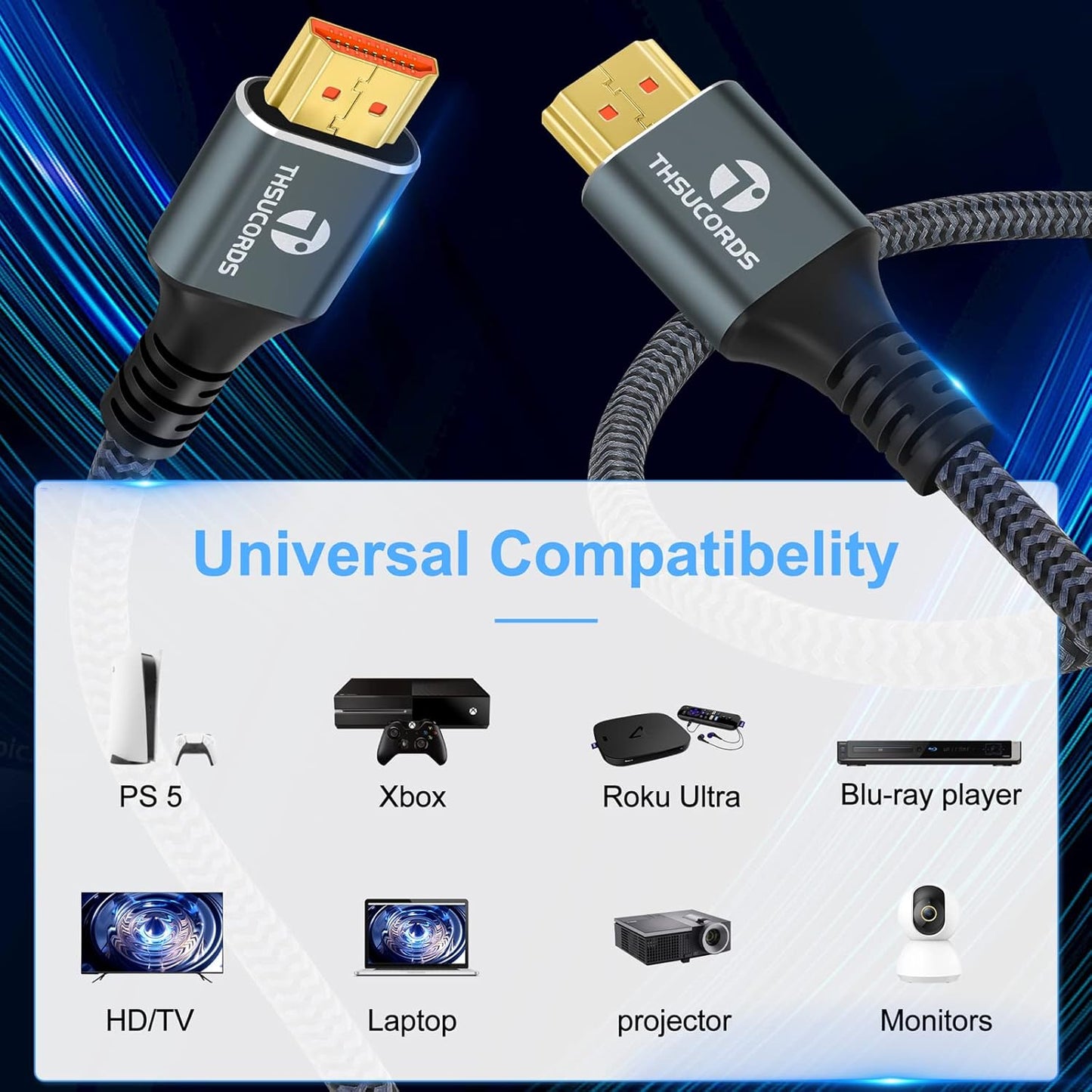 8K 4K HDMI Cable 15FT, High Speed Braided HDMI to HDMI 2.1 Cord Supports 8K@60Hz, 4K@120Hz 144Hz 48Gbps Compatible with Roku TV/PS5/HDTV/Blu-ray