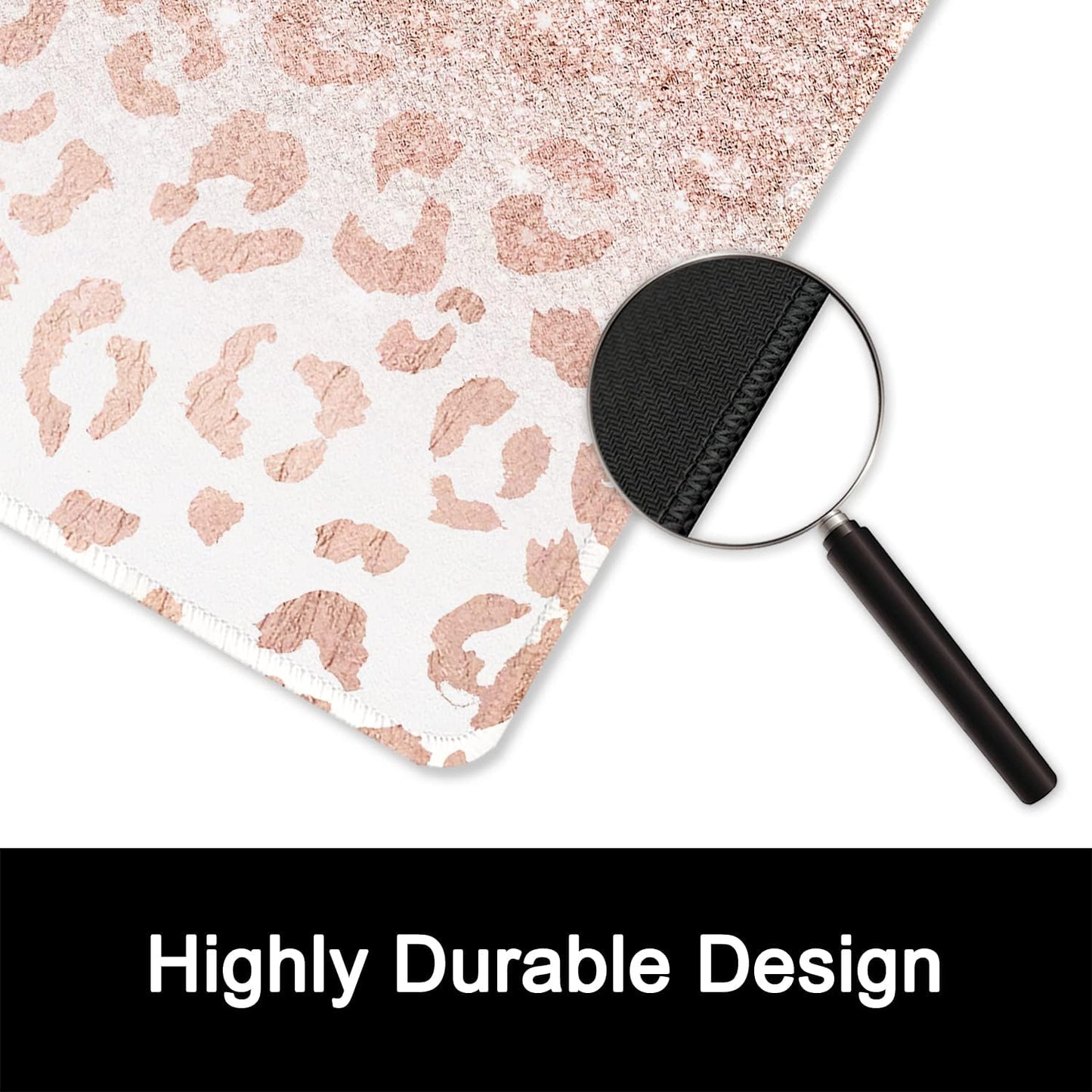 ITNRSIIET Mouse Pad with Stitched Edge Premium Textured Smooth Precise Operation Waterproof Washable Non-Slip Rubber Base Desktop Protection Mat, 10.2×8.3×0.12 inches, Rose Gold Leopard Print
