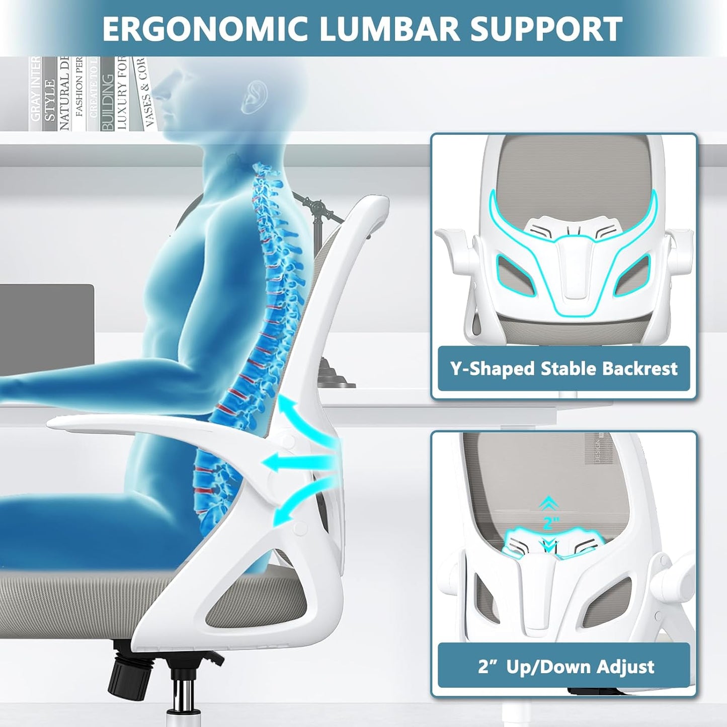 Home Desk Chair with Back Supportive Lumbar Support, Breathable Double Mesh Cushion Home Desk Office Chair with Flip up Arms, Modern Ergonomic Home Office Chair for Work(Gray)