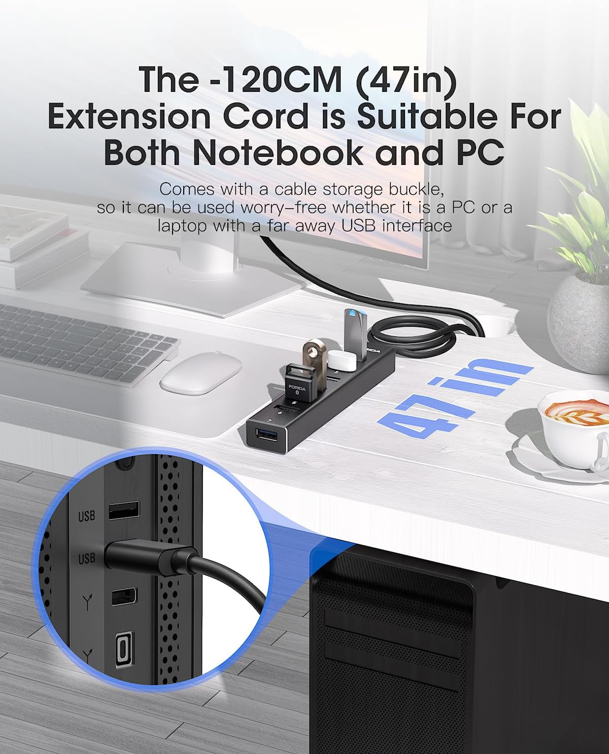 FORIDA Aluminum Alloy 8 Port USB Hub Long Cable USB Splitter with 7-USB3.0 Data Ports and TypeC 5V/3A Power Port Compatible with MacBook, Laptop,Surface Pro, PS5, PC and More (Black, USB A-47in)