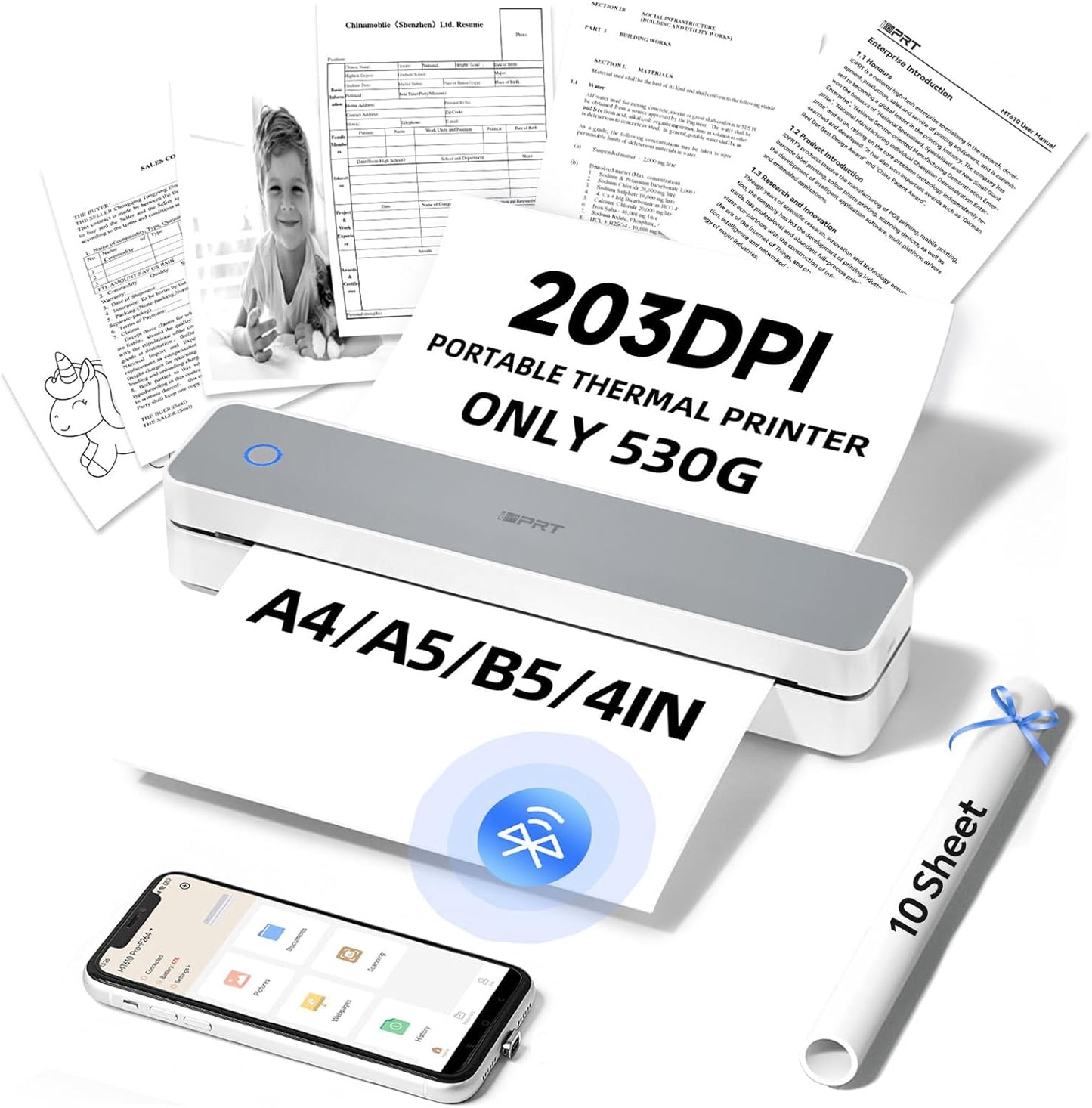 iDPRT Inkless Portable Printer for Travel, Mobile-Thermal-Printers, Wireless-Small-Printer for Home Use, Office, Vehicles, Bluetooth Printers Supports 8.5" x 11" US Letter & A4 & A5 Size, White