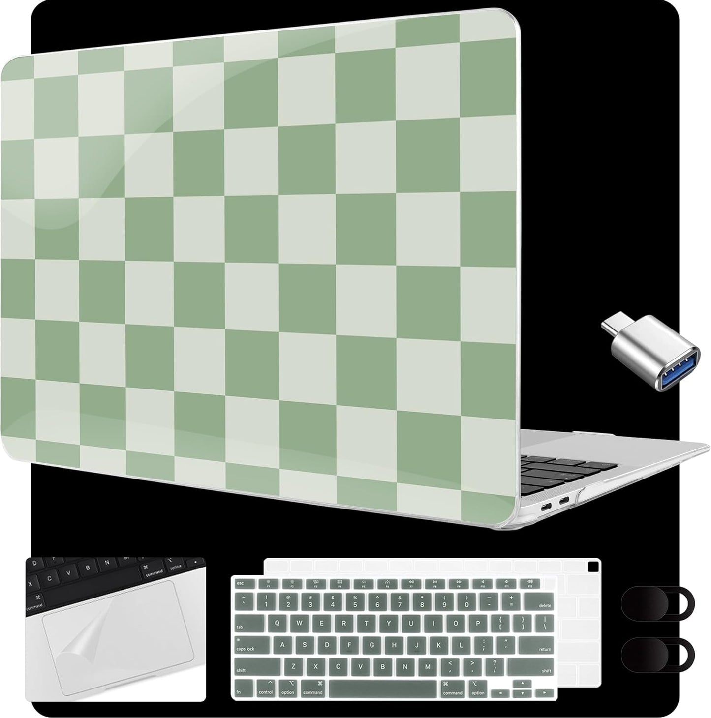 MEEgoodo for MacBook Air 13.3 inch Case 2021 2020 2019 2018 A2337 M1 A2179 A1932, Laptop Shell for MacBook Air M1 with Keyboard Webcam Cover & Trackpad Film & Type C Adapter,Green Checkered