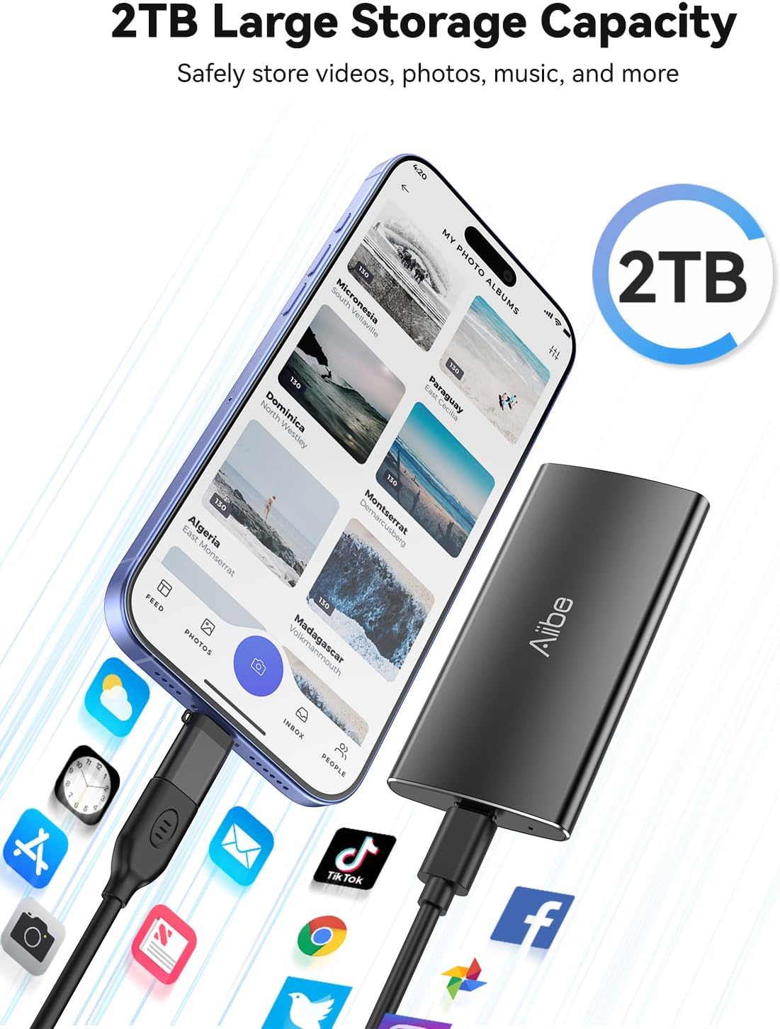 Aiibe 2TB External Solid State Drive USB C Portable SSD USB 3.2 Gen 2, Up to 1050MB/s, 2TB External SSD External Hard Drive for iPhone 15/Pro, Laptop, Mac and PS4 (Black)