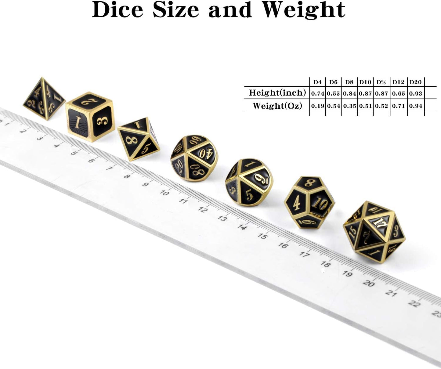 DNDND Metal Dice Set D&D, 7 die Metallic Polyhedral Dice Set with Gift Metal Box and Gold Number for DND Dungeons and Dragons Role Playing Games (Black and Gold)