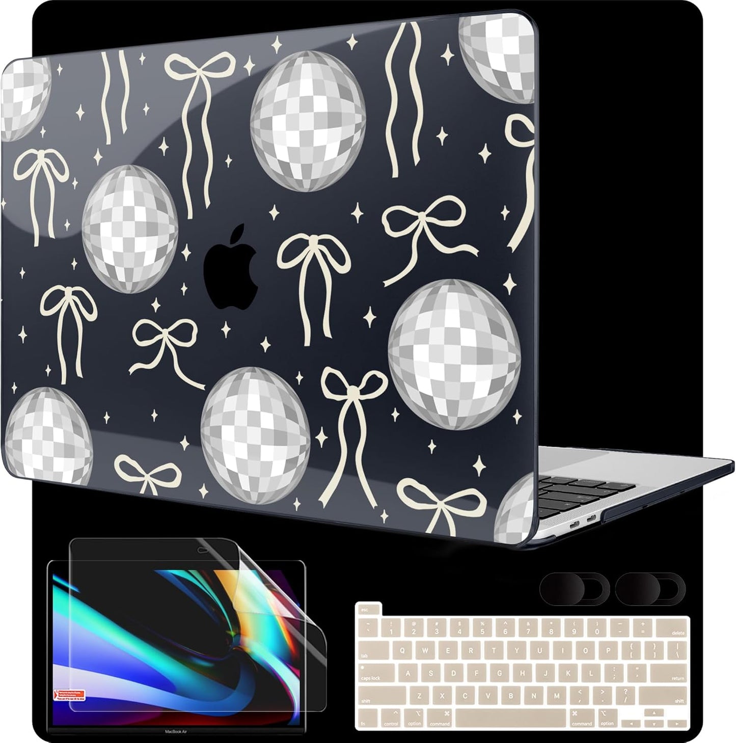 MEEgoodo Case for MacBook Pro 13 inch Case 2022 2021 2020 New A2338 M2/M1 A2251 A2289, Laptop Hard Shell with Keyboard & Camera Cover Compatible with 13 inch MacBook Pro, Silver Disco Balls & Bows