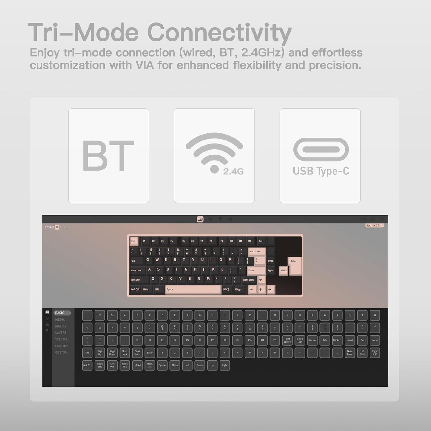 KEEBMONKEY WOBKEY Rainy 75 CNC Aluminum HMX/JWK/Cocoa Switches Triple-Mode Connectivity Mechanical Keyboard with Superior Acoustics, RGB/PP/Mirrored Glass/3500mAh/Violet Switch (Standard - Silver)