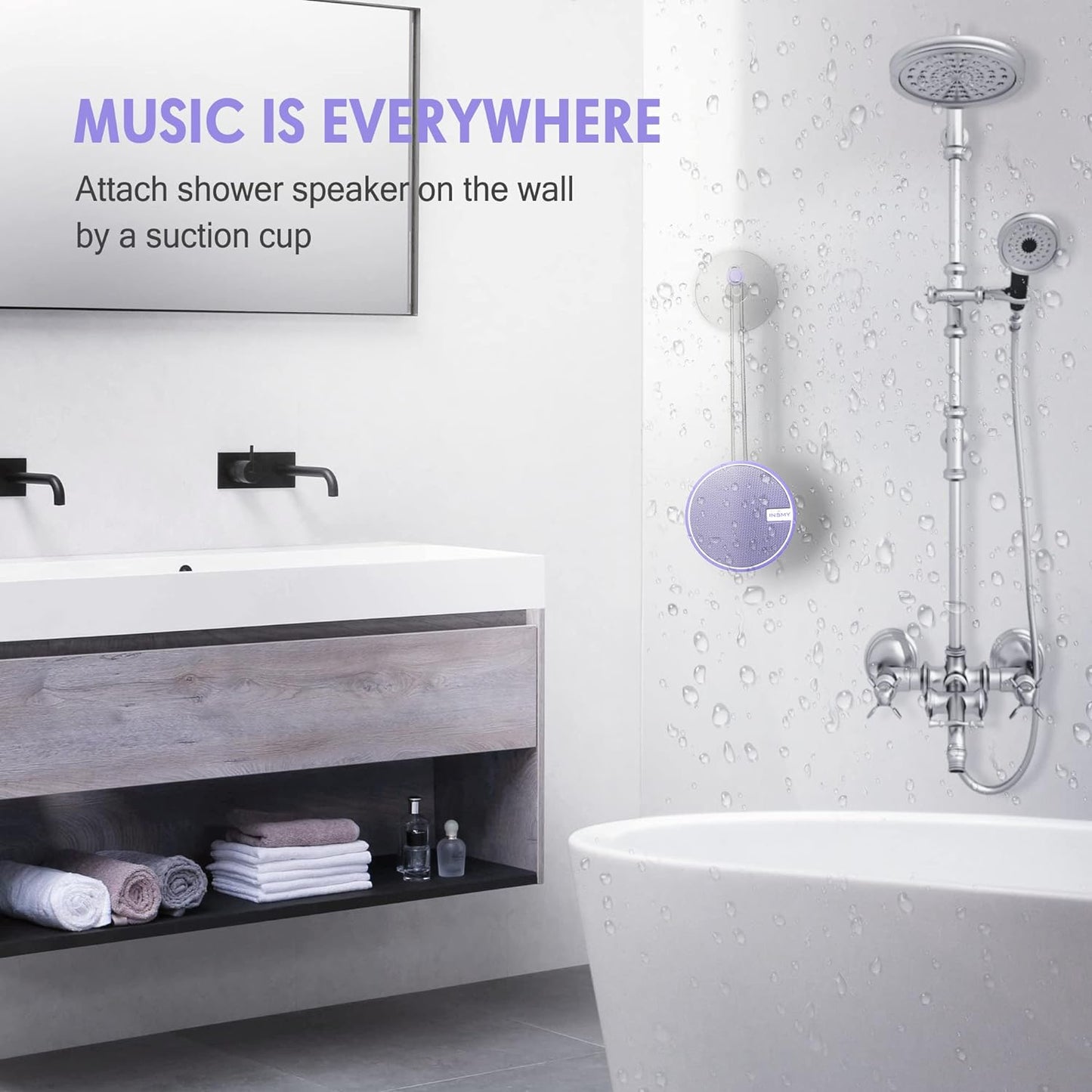 INSMY C12 IPX7 Waterproof Shower Bluetooth Speaker, Portable Small Speaker, Speakers Bluetooth Wireless Loud Clear Sound Support TF Card Suction Cup for Kayak Canoe Beach Gift (Purple)