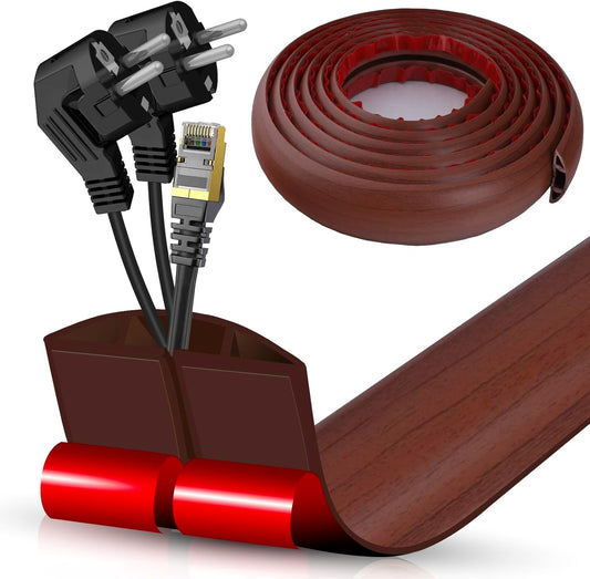 Floor Cord Cover Cavity 0.8"x0.37" Self Adhesive Cord Hider, 10FT Low Profile Cable Management, Extension Strip Protector for Wires, Prevent Cable Trips for Offices, Gyms, Exhibitions（Red Teak）