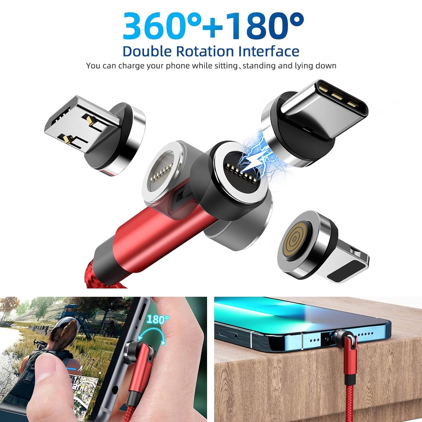 540 Rotation Magnetic Charging Cable, 3 in 1 Phone Charger [4-Pack, 3ft/3ft/6ft/10ft] 3A Fast Charging & Data Transfer Cable for i-P/Micro USB/Type C Device - Red