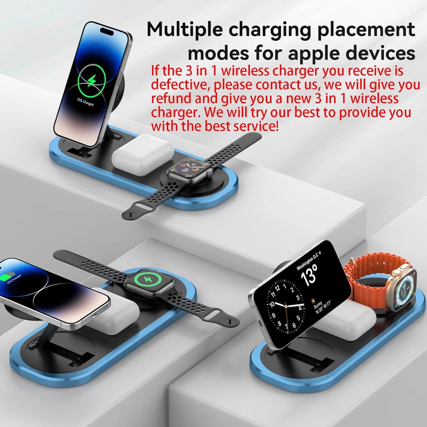 3 in 1 Wireless Charger for iPhone, Foldable Charging Station for Magsafe for iPhone 16/15/14/13/12/Pro Max/Pro/Mini/Plus, Apple Watch 10/9/8/7/SE/6/5/4/3/2/1/Ultra2/Ultra, AirPods pro/2/3/4 (Blue)