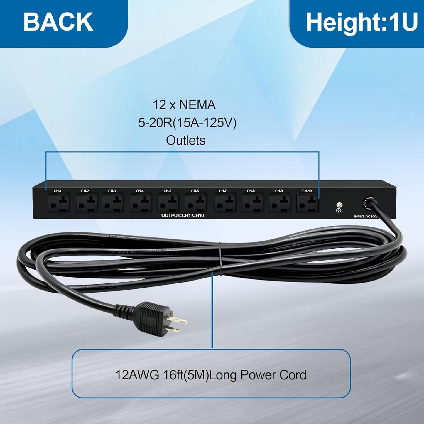 1U PDU Network Servers Surge Protector Power Distribution Unit 12-Outlet, 120V 20A, 3600 Joules 10KA,19″ Rack Mount Power Strip,Heavy-Duty 12AWG 16 ft Cord,w/AC Filter, ETL Listed, by ThePoEstore