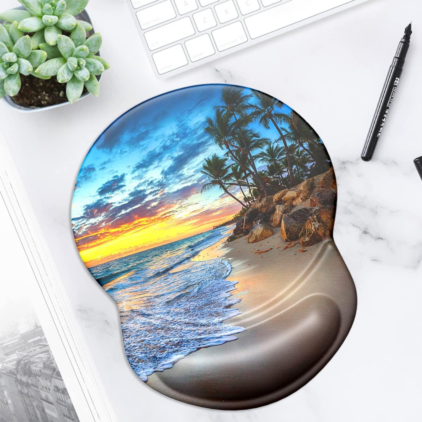 ITNRSIIET Ergonomic Mouse Pad with Gel Wrist Support Small Wrist Rest Smooth Surface Non-Slip PU Base Comfortable Office Supplies Pain Relief, 8.7 x 7.2 inches, Beach