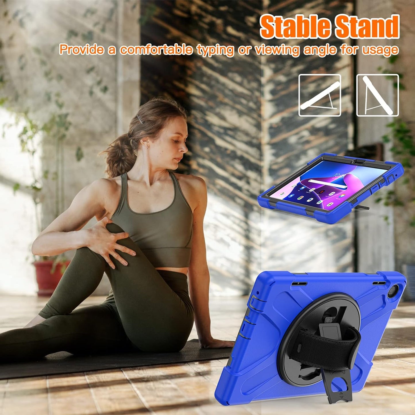 Junfire Shockproof Case for Lenovo Tab M10 3rd Gen 10.1 inch 2022, Heavy Duty Rugged Case with Hand Strap/360°Rotating Kickstand/Shoulder Belt for TB-326FU/TB-328XU,Blue