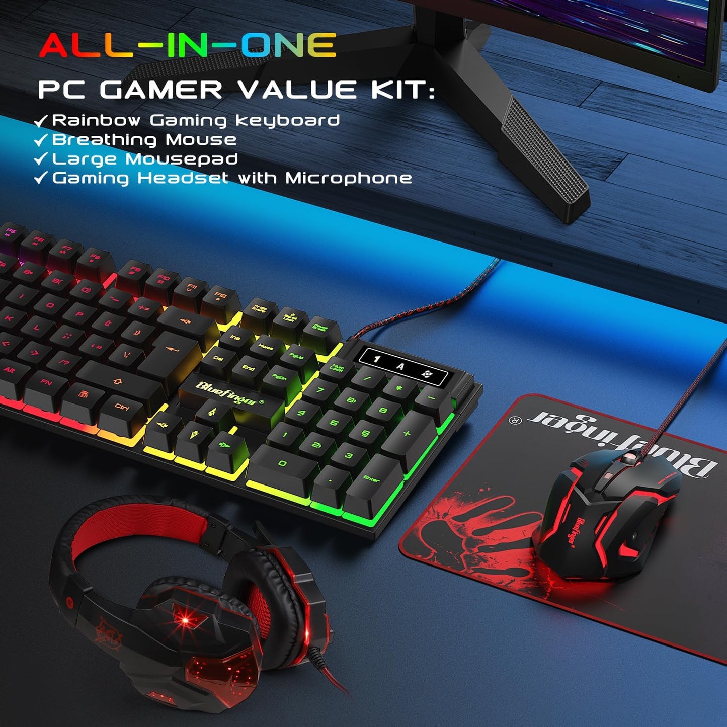 BlueFinger RGB Gaming Keyboard and Backlit Mouse and Headset Combo, USB Wired Backlit Keyboard, LED Gaming Mouse Set, Headset with Microphone for Laptop PC Computer Game and Work