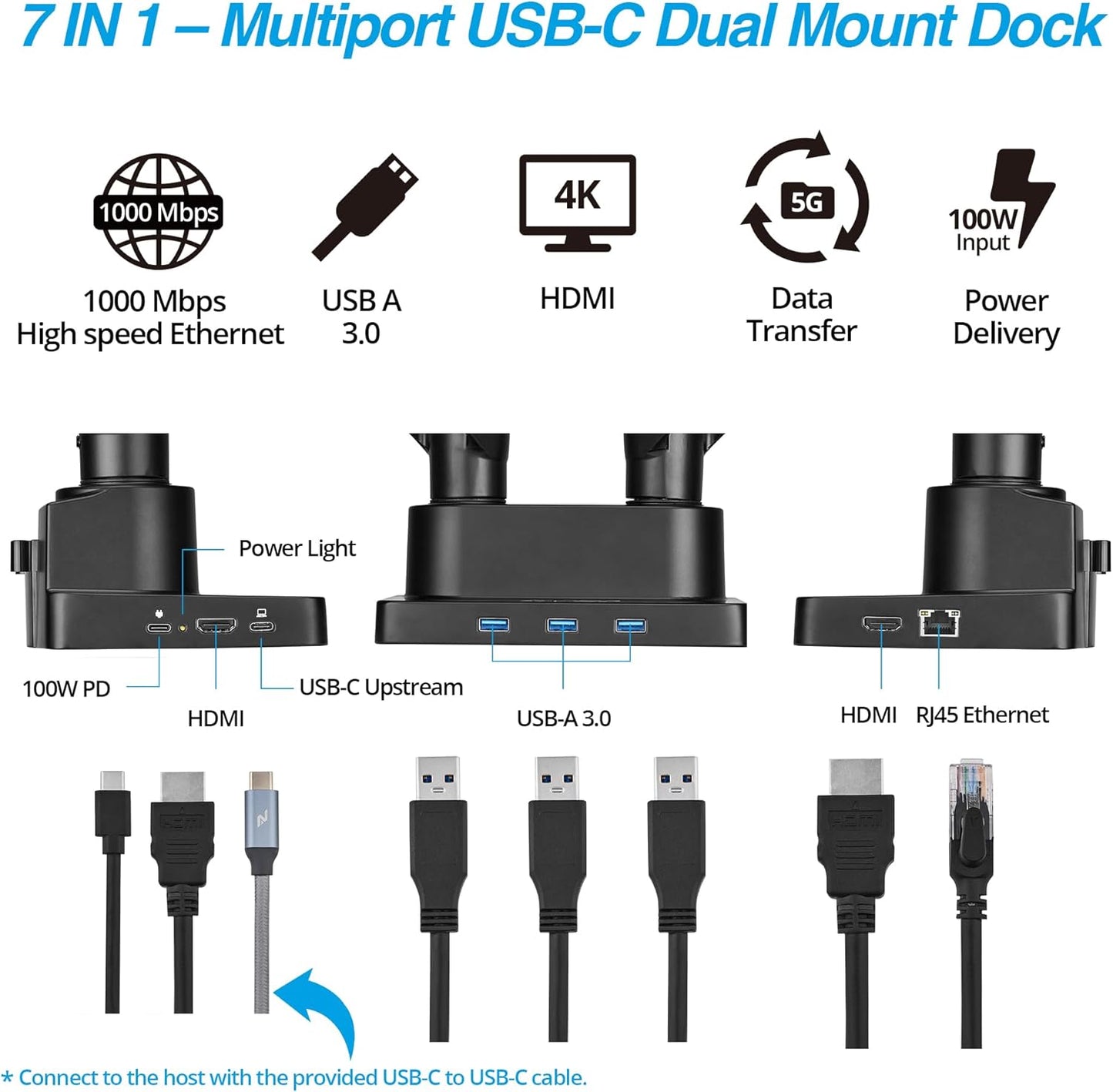 AVLT Dual 17”-38" Monitor Arm Desk Mount with 17" Laptop Tray and USB-C Docking Station, HDMI 4K60Hz, USB-A 5Gbps, Ethernet, 100W PD, Fits Two Flat/Curved Monitor - Black