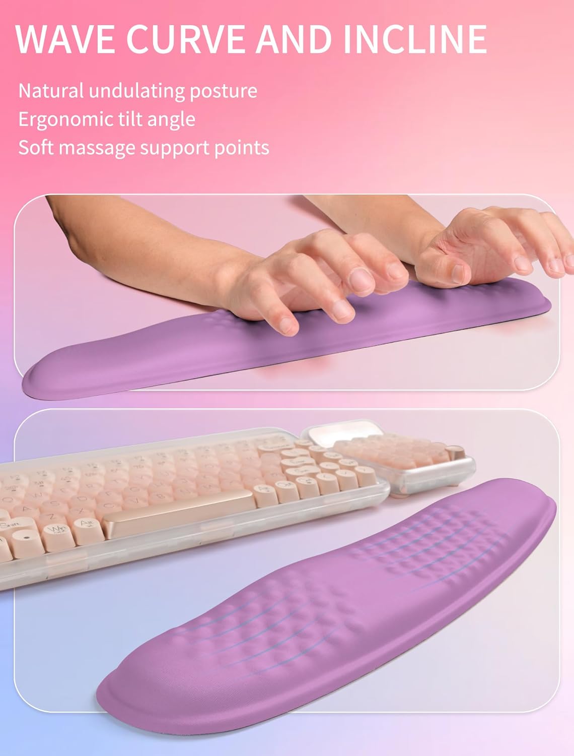 Hokafenle 2in1 Combination, Wave Keyboard Wrist Rest and Ergonomic Curvature Mouse Pad Wrist Support for Relieve Wrist Pain, Filled with Soft Cushion Memory Foam, Purple Lilac