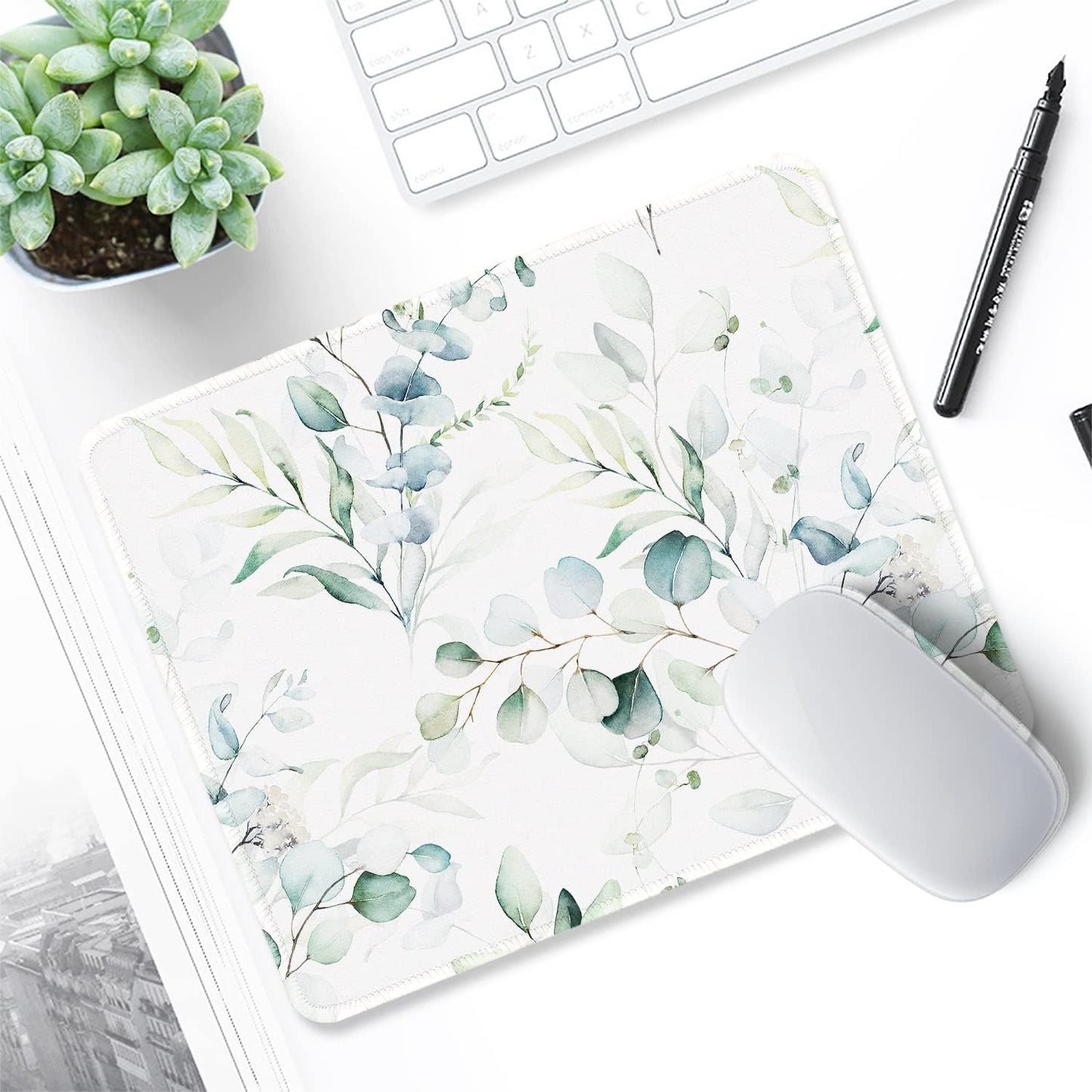 ITNRSIIET Mouse Pad with Stitched Edge Premium Textured Smooth Precise Operation Waterproof Washable Non-Slip Rubber Base Desktop Protection Mat, 10.2×8.3×0.12 inches, Leaves and Branches