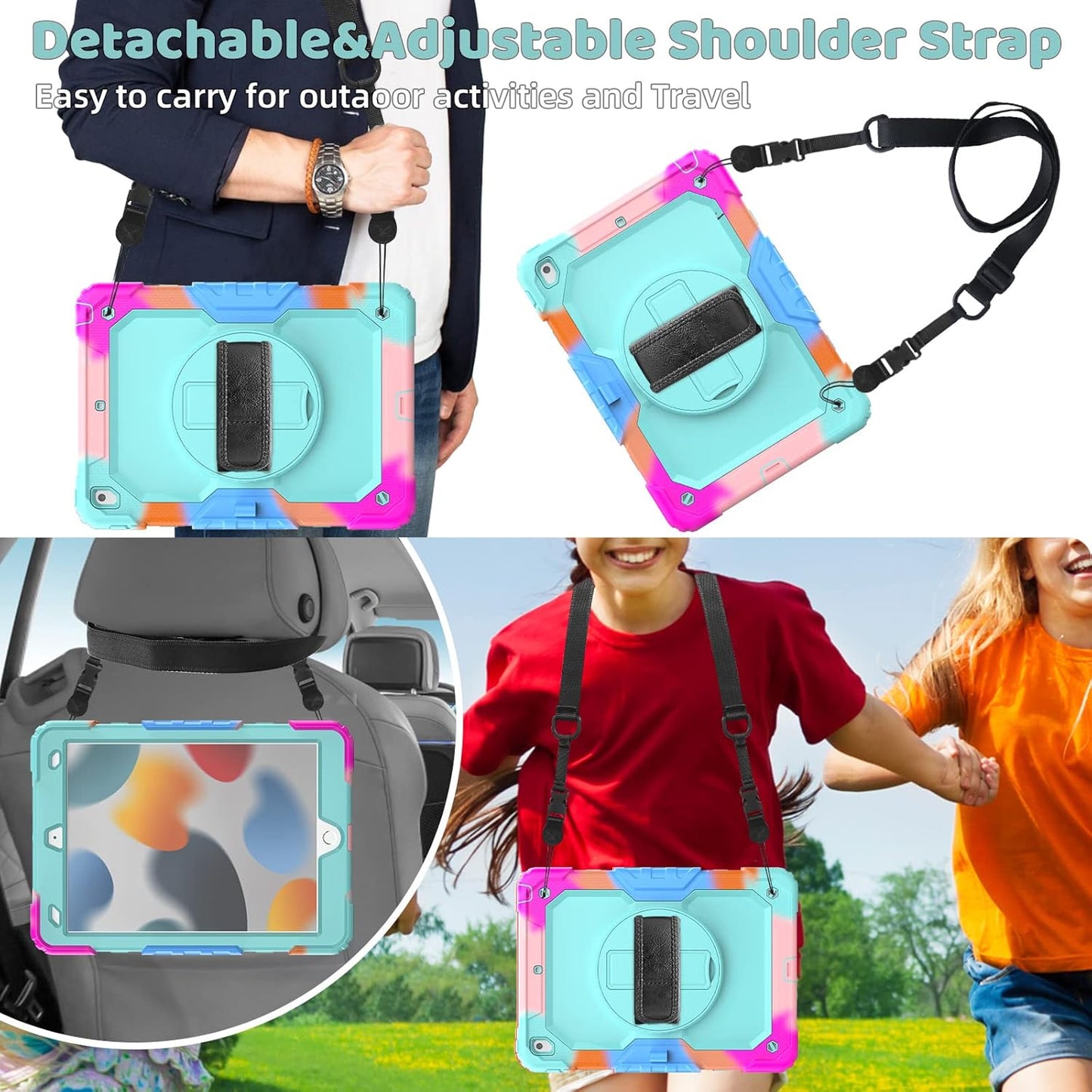 BLOSOMEET iPad Case for 9th Gen 10.2 inch 2021/2020 for Kids with Tempered Glass Screen Protector | iPad 8th/7th Generation Case Cover 2019 w/Stand Pen Holder & Hand Shoulder Strap |Turquoise