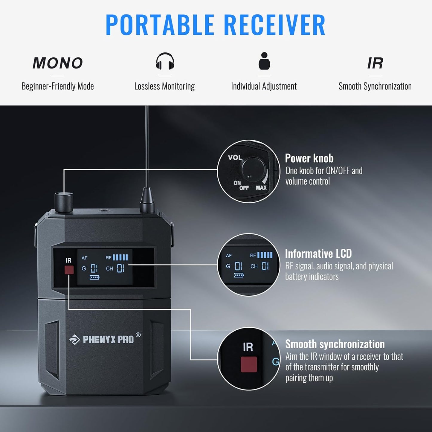 Phenyx Pro UHF Mono Dual Wireless in-Ear Monitor System, Metal Wireless IEM System, Sturdy Bodypack Receiver, 2x50 Frequencies, Separate Outputs,164ft Operation, Suitable for Band and Studio (PTM-22)