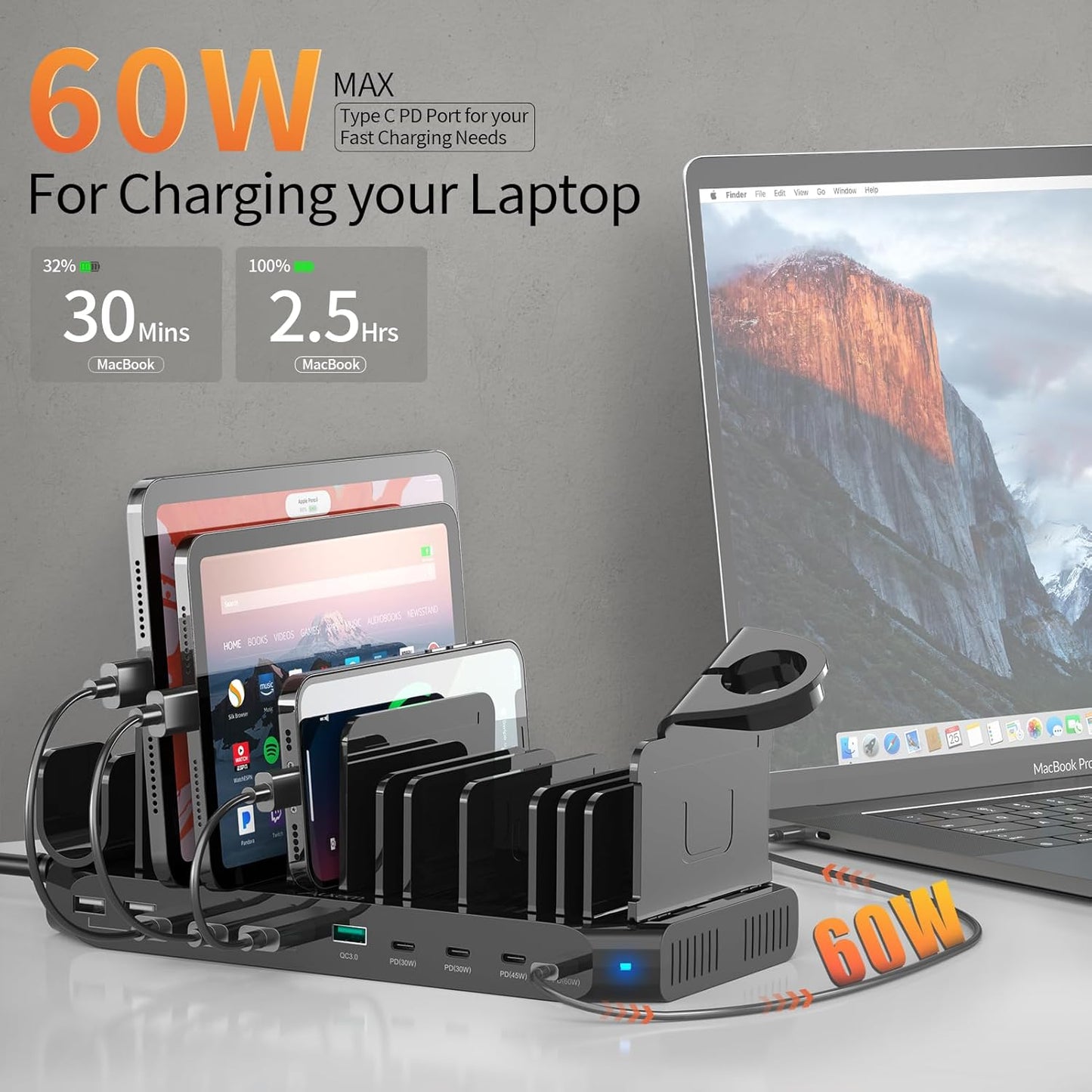 Alxum 140W USB C Charging Station -10 Port Fast Charging Station with QC 3.0 & 4 * USB C PD 60W+45W+30W, Multi Device Charger Organizer Compatible with Laptop, iPad, Tablet, Cell Phone and More