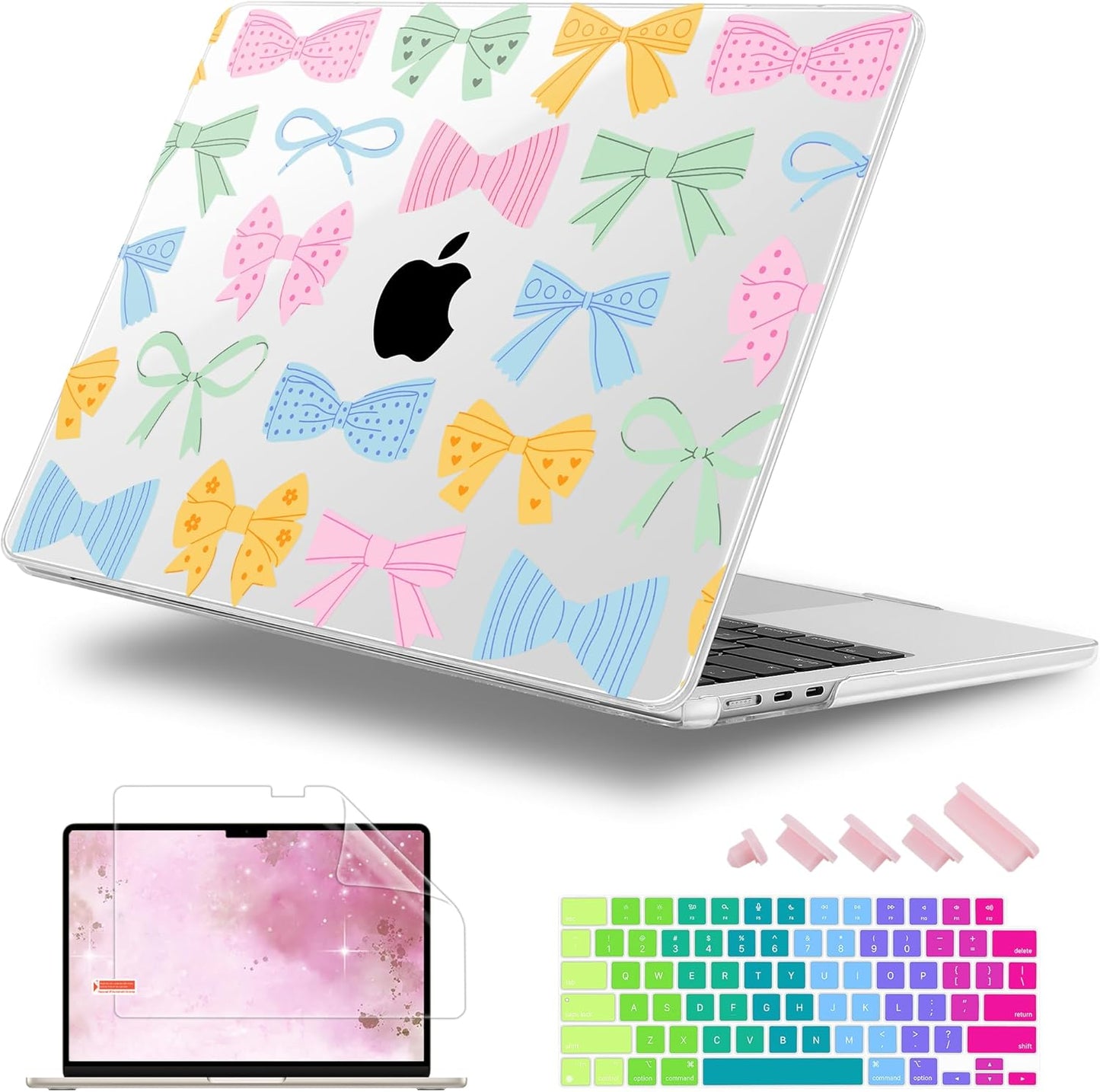 Case for MacBook Air 15 Inch 2025 2024 2023 Release M4 A3241 M3 A3114 M2 A2941, Hard Shell with Screen Protector & Keyboard Cover, Compatible with Touch ID, Colorful Bow