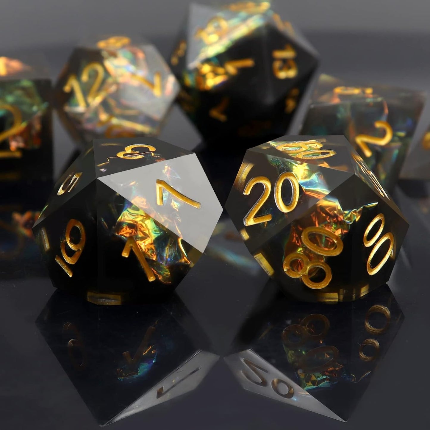 Haxtec Sharp Edge Dice Set DND Dice Black Resin Dice Iridecent Mylar Galaxy D&D Dice for RPG Role Playing Compatible with Dungeons and Dragons Gift