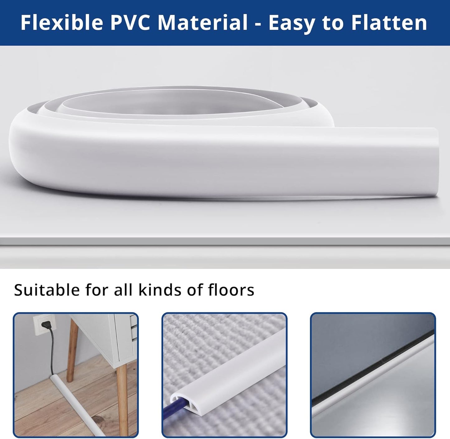 Floor Cord Cover 4ft, Cord Hider Floor White, Floor Cable Management Prevent Cable Trips, Floor Cable Cover Wire Covers for Electric Power Extension Cords, Cord Protector Cord Cavity W0.47 x H0.28