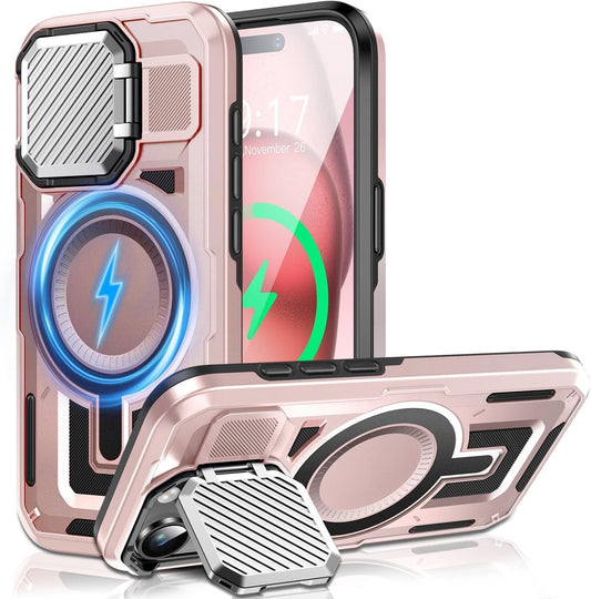 Camera Stand Case for iPhone 15 Plus, [Compatible with Mag Safe] [Lens Cover] 2024 Version Military Grade Protective Soft Case for iPhone 15 Plus 6.7 inch Men Women, Pink