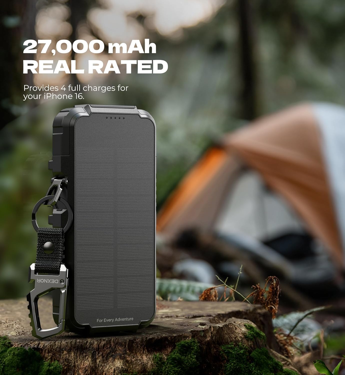 Dexnor Solar Charger Power Bank 27,000mAh, 65W PD3.0 & QC3.0 Fast Charging Powerbank External Battery Pack Portable Wireless Chargers with Flashlight and Carabiner, Compatible with MagSafe & Qi