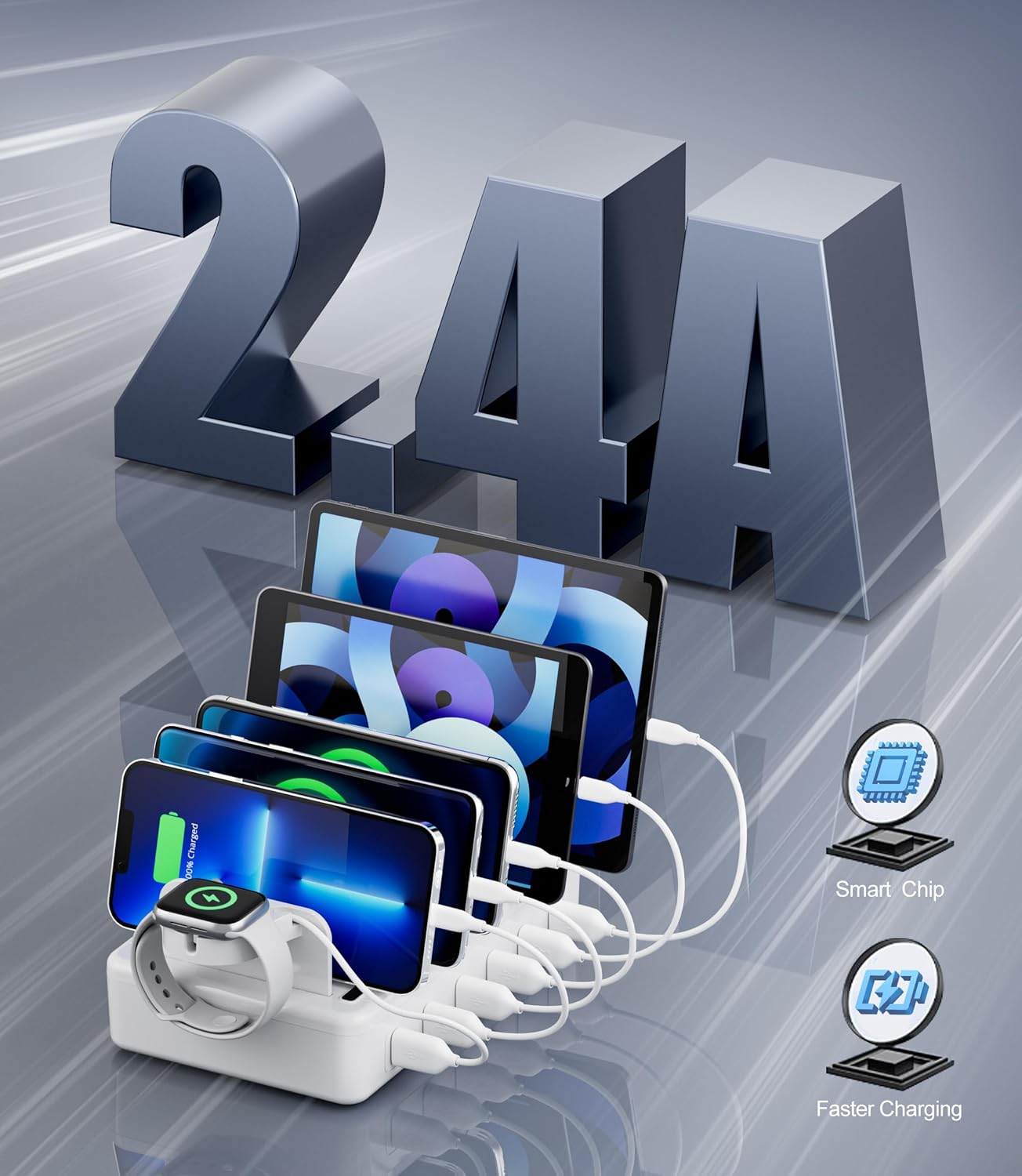 Charging Station for Multiple Devices, 6 Port 50W Fast Multi Charger Station Charging Dock with 6 Mixed Charging Cables for iPhone, iPad, Kindle, Tablet, Cellphone and Others