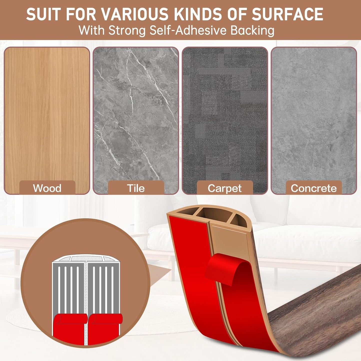 Floor Cord Cover Self Adhesive Cord Hider Floor Extension Cord Covers for Floor Power Cord Protector Cable Management Prevent Cable Trips Cable Cavity 0.47" W x 0.27" H (Smoked Brown Wood, 20Ft)