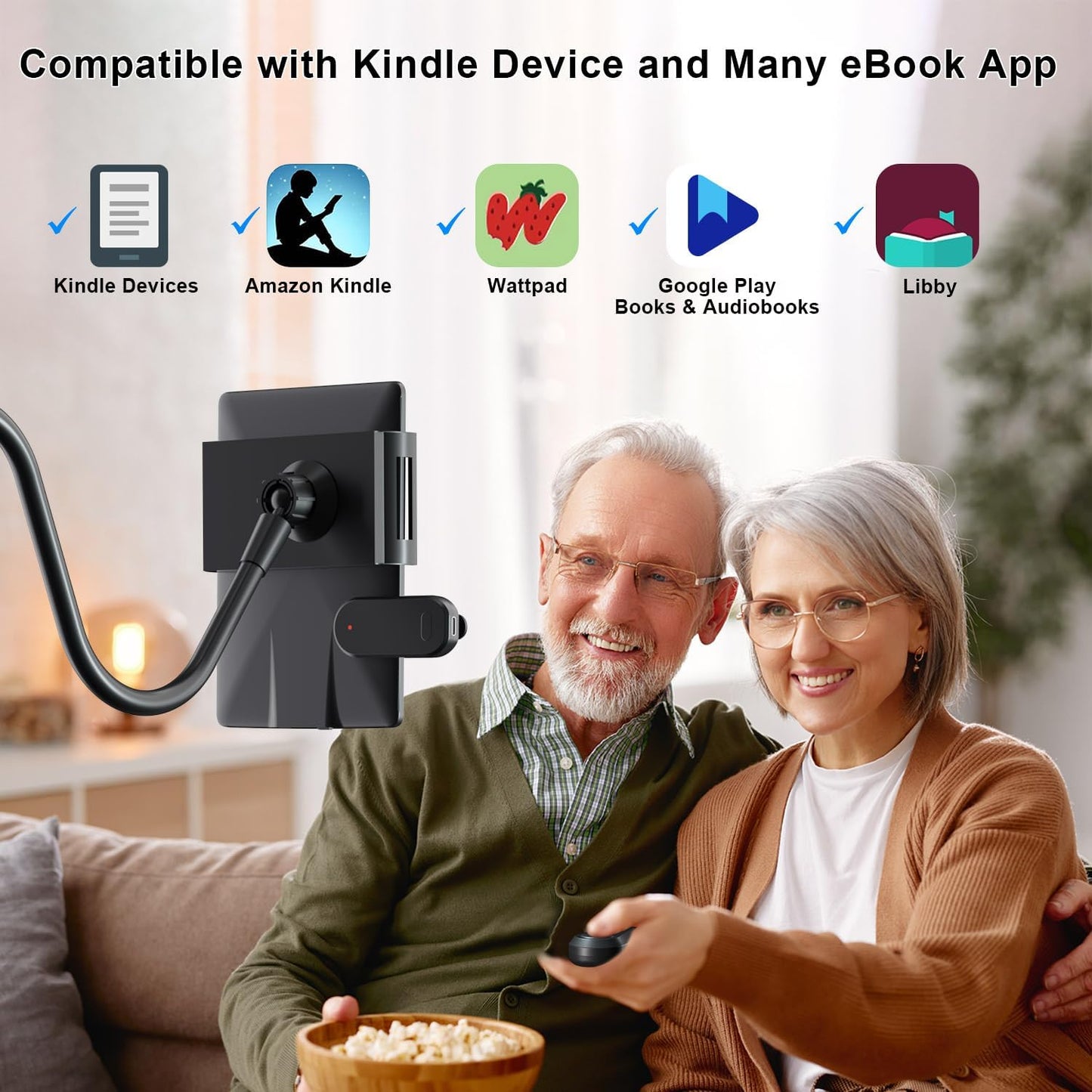 Gooseneck Tablet Holder for Kindle Reading in Bed with Page Turner Remote, Hands Free Desk Bedside Lazy Arm Stand for Kindle Accessories, Gifts for Readers