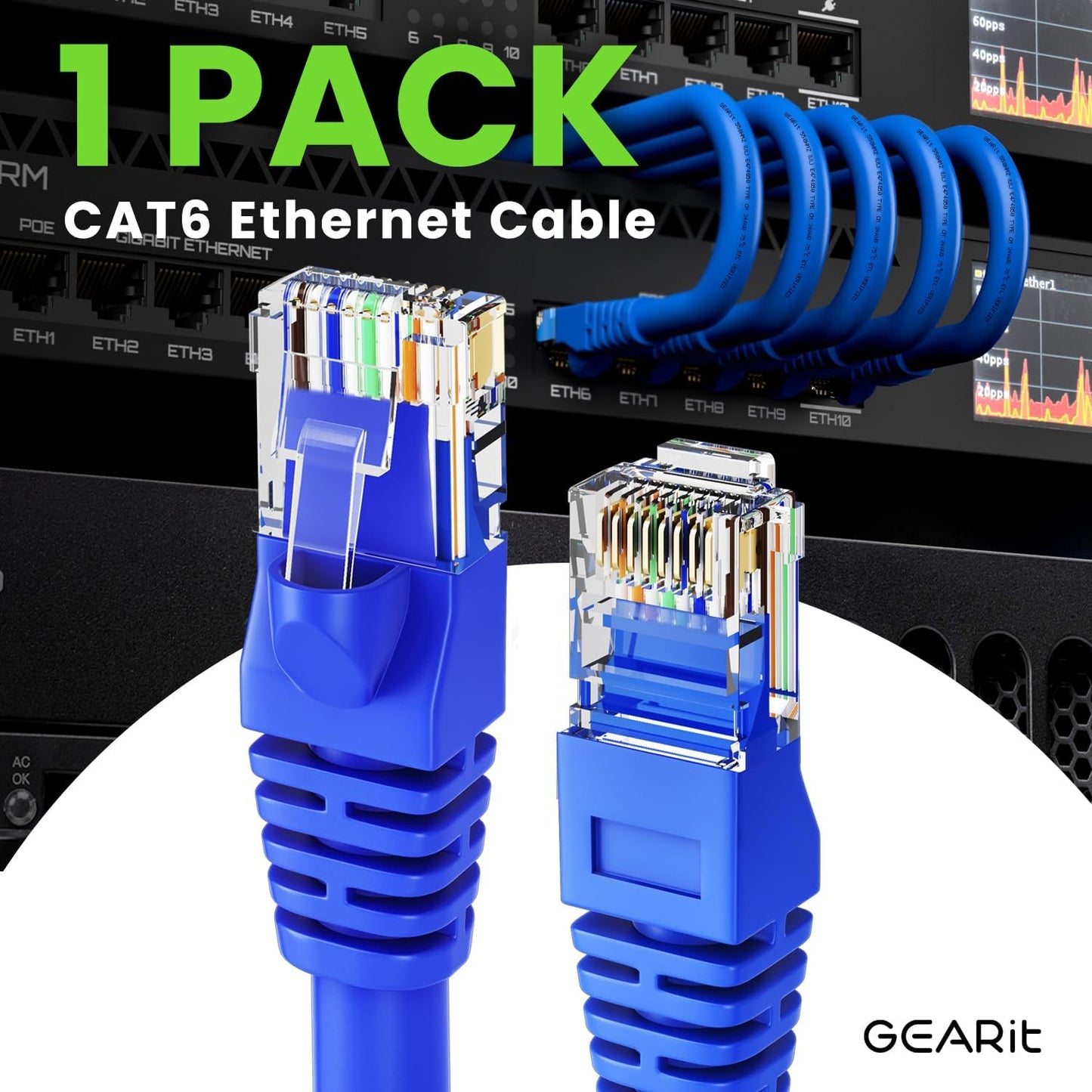 GEARit Cat 6 Ethernet Cable (1-Pack 150 Feet) Cat6 Network Patch, 10Gbps, RJ45, Snagless Cord, Gold-Plated Connectors, Internet for PC, TV, Tablet, Router, Printer, Servers, IT Data Center - Blue