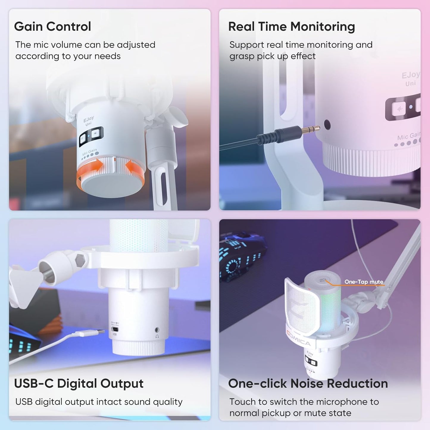 COMICA EJoy Uni USB Microphone for PC Gaming, Streaming, Podcast, YouTube, with Noise Cancellation, Mute, Gain, Monitoring - Condenser Mic for PS5, PS4, Mac, Computer (Boom Arm Mic) - White