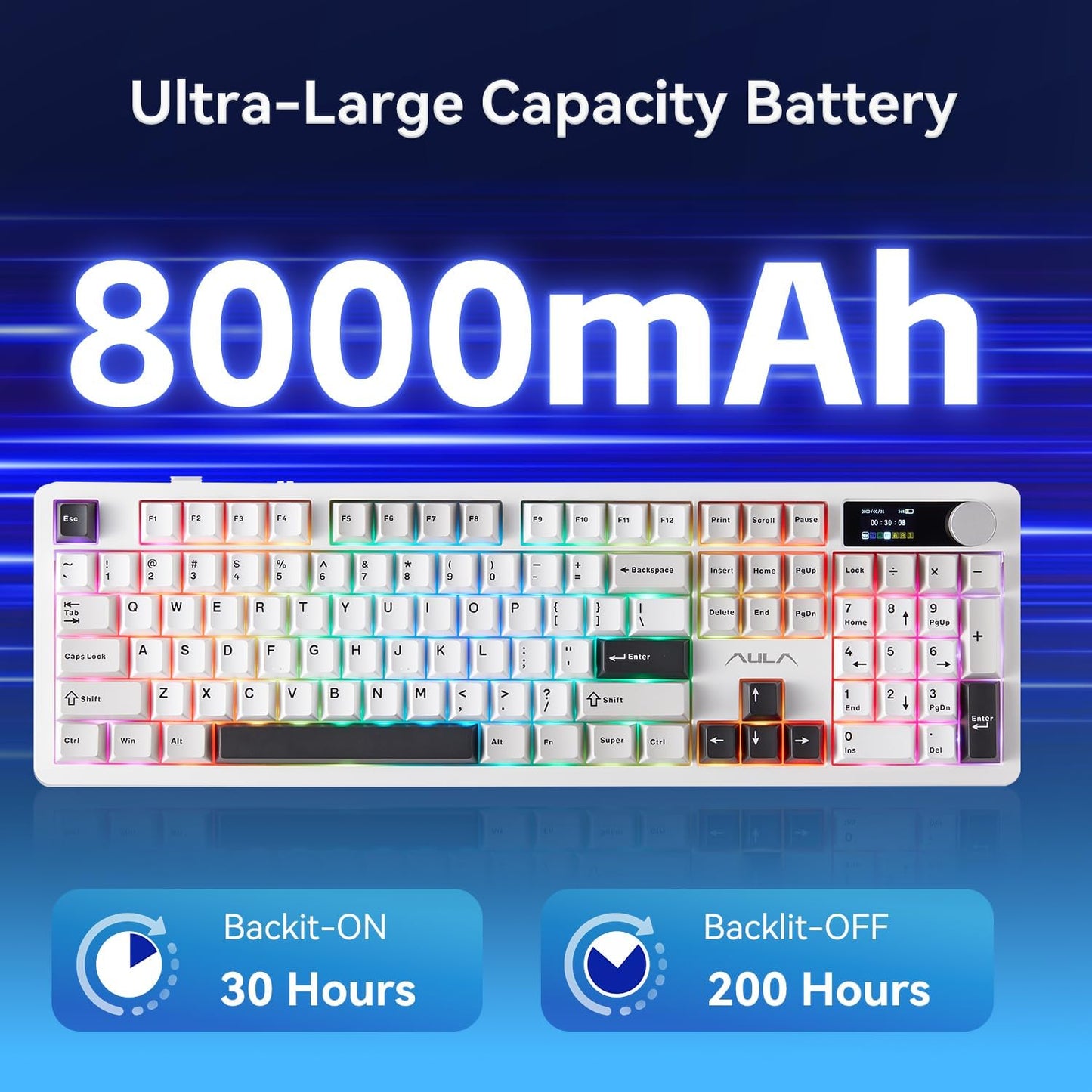 AULA F106PRO Wireless Keyboard, Full Size Mechanical Keyboard with Media Knob & Screen, 8000mAh Battery Hot Swappable Custom PBT keycaps Gaming Keyboard - Blaze Switch,Black White Grey