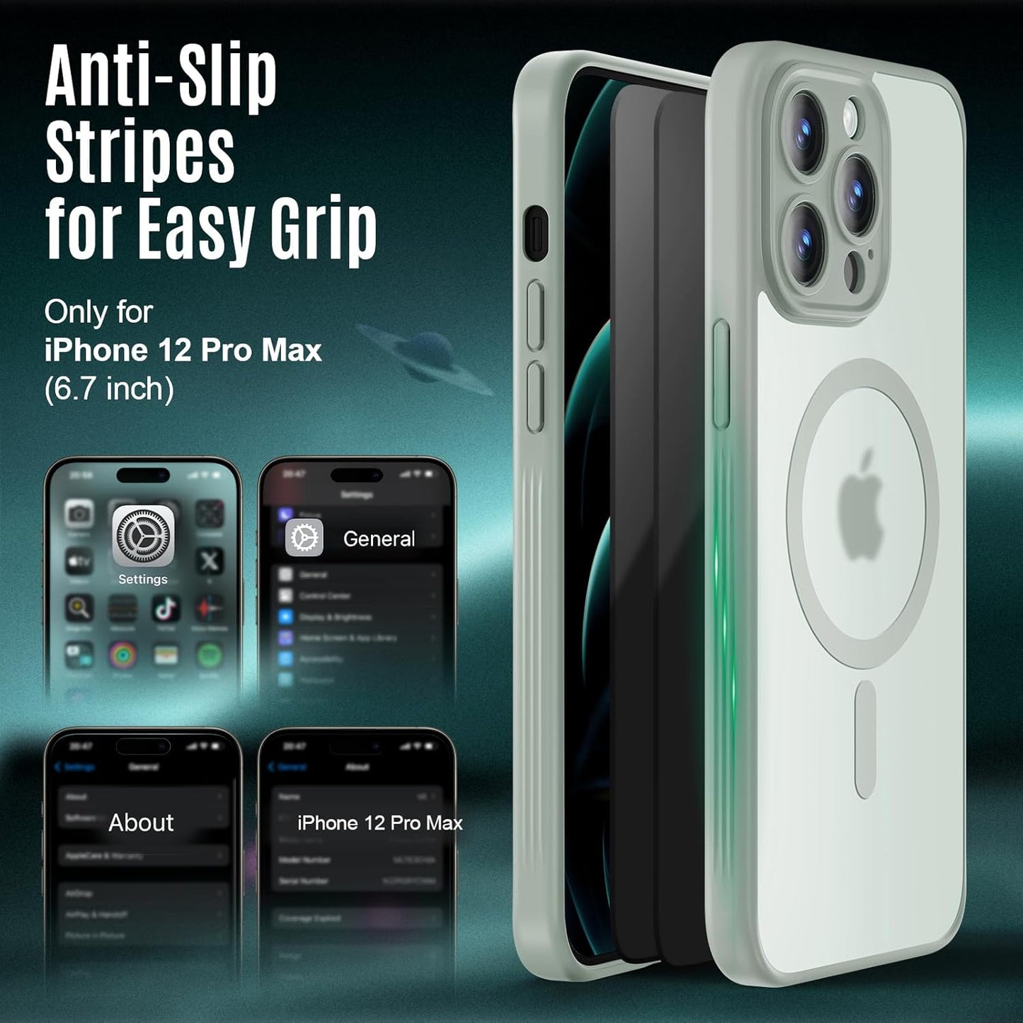 Designed for iPhone 12 Pro Max Case, Compatible with MagSafe, with Privacy Screen Protectors X2, [Camera Protection] [15FT Military Drop Protection] Shockproof Phone Case, 6.7", Calke Green