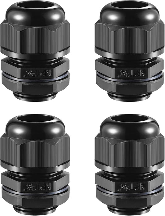 4 PCS 3/4"(12.5-18mm) NPT Nylon Cable Gland Joints with Gaskets, IP68 Adjustable Lock Nut Strain Relief Cord Grip Waterproof Cable Glands - UL Listed and RoHS Compliant