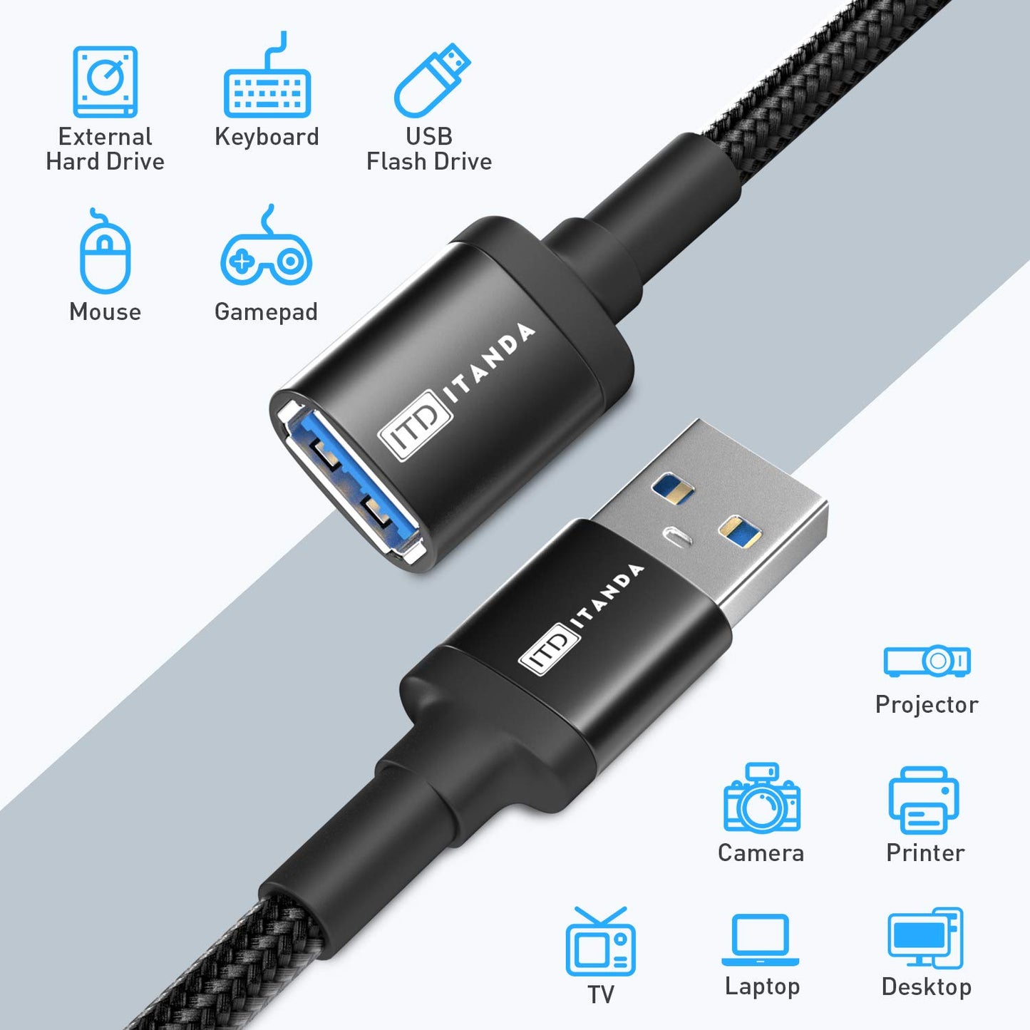 ITD ITANDA 10FT USB Extension Cable USB 3.0 Extension Cord Type A Male to Female 5Gbps Data Transfer for Keyboard, Mouse, PlayStation, Xbox, Flash Drive, Printer, Camera and More, Black