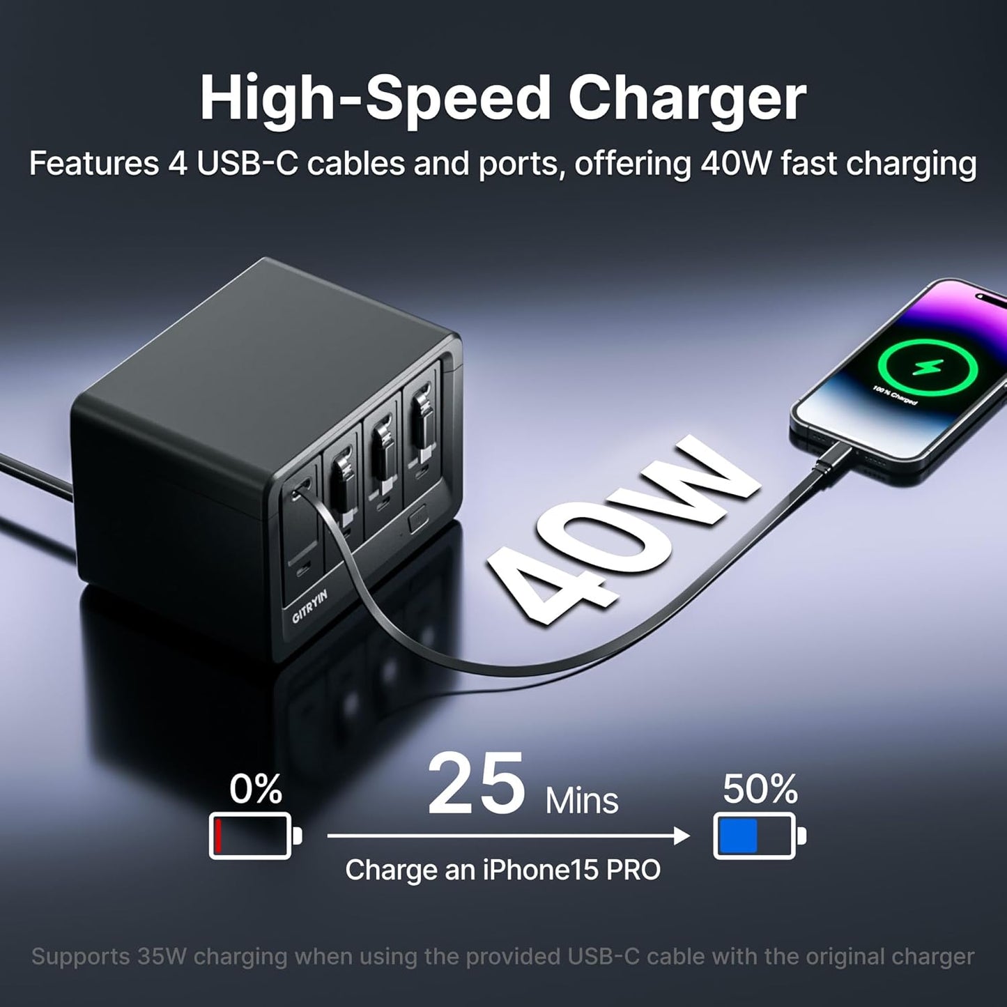 Gitryin 12-in-1 Desktop Charging Station with 4 Retractable Type-C Wall Chargers, 40W USB-C Power Strip with Flat Plug, Extension Cord with 1020J Surge Protection for Home Office