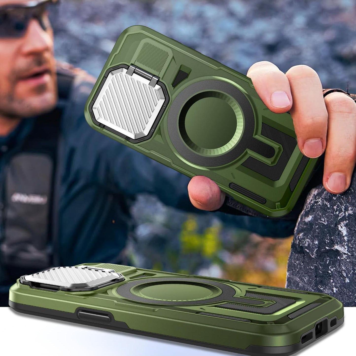 Camera Stand Case for iPhone 15 Plus, [Compatible with Mag Safe] [Lens Cover] 2024 Version Military Grade Protective Soft Case for iPhone 15 Plus 6.7 inch Men Women, Green
