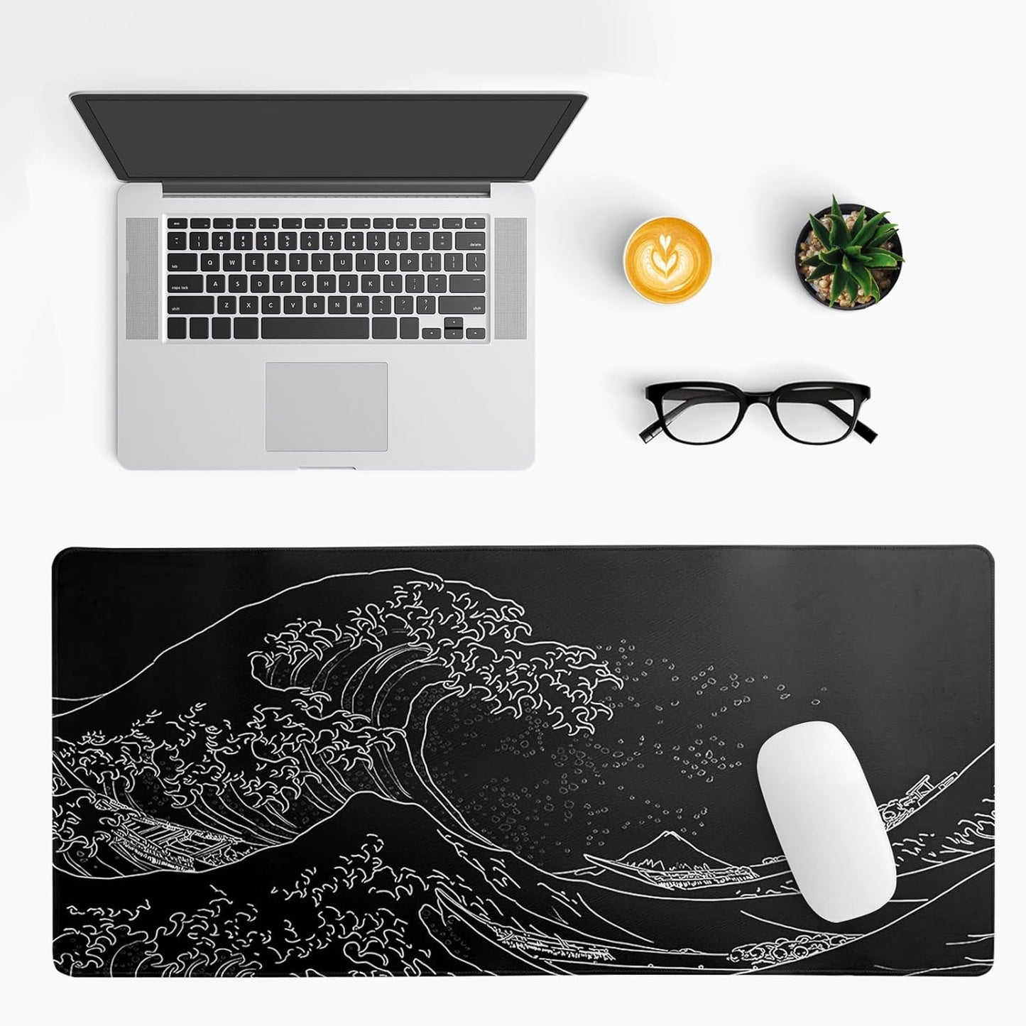 Japanese Gaming Mouse Pad Abstract Black Mouse Pad 31.5x11.8 Inch Black Sea Wave Texture Non-Slip Rubber Base Large Ocean Mousepad Stitched Edges Keyboard Mouse Mat Desk Pad for Office and Home