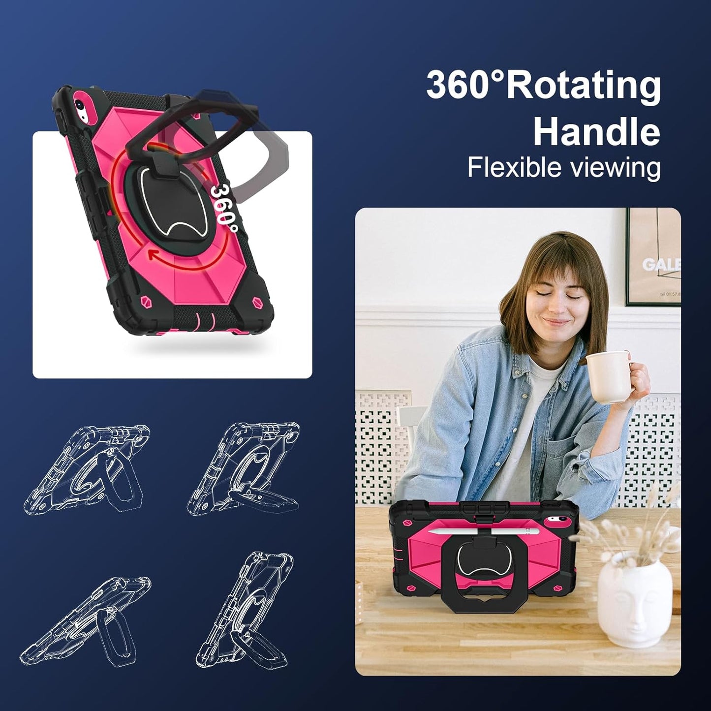 Case for iPad (A16) 11th Generation 11 Inch (2025) / iPad 10th Generation Case 10.9 Inch (2022) with 360° Rotating Stand Screen Protector Pen Holder Shoulder Strap, Black Pink