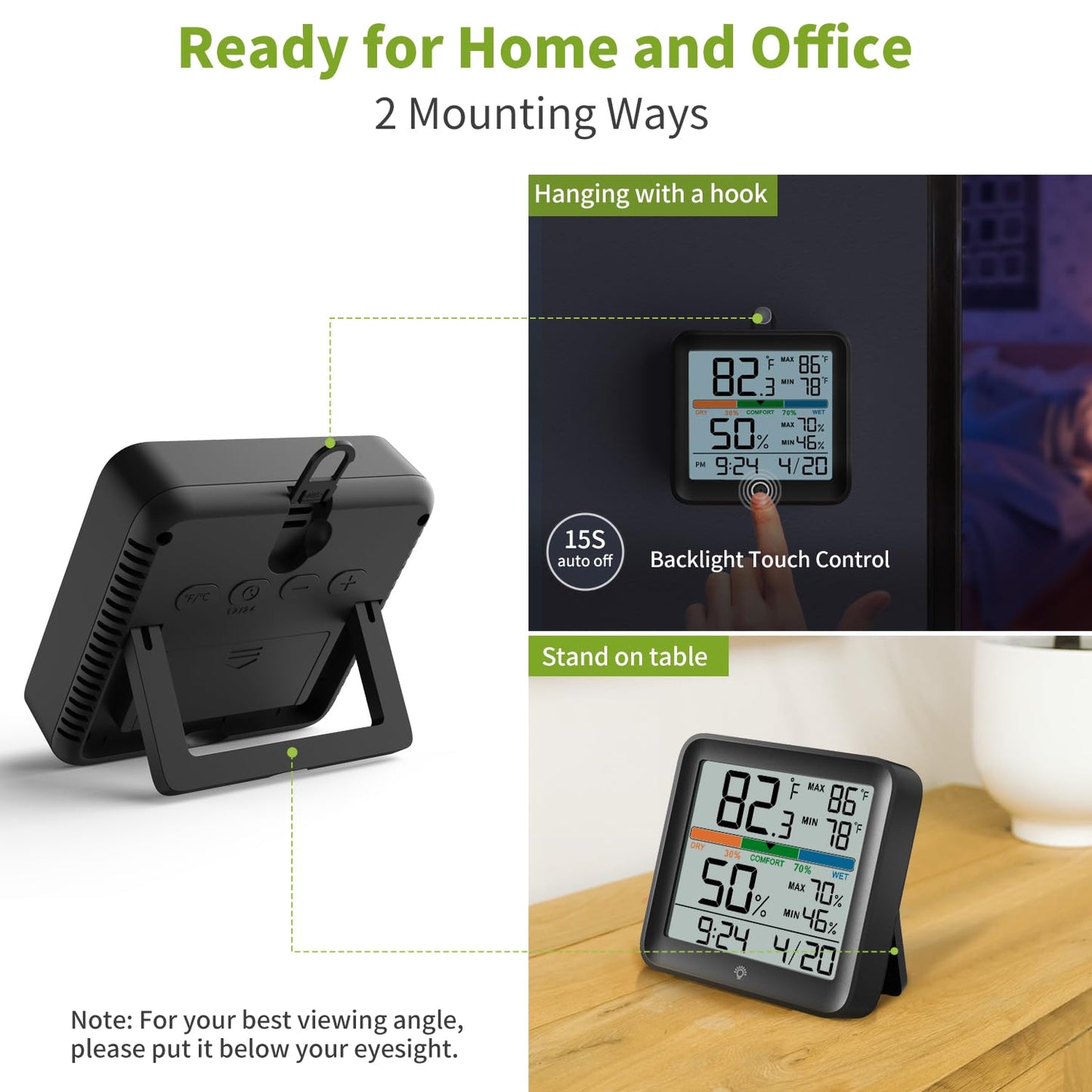 Indoor Thermometer Room Temperature Home Hygrometer Humidity Gauge, Accurate Calibration, Backlight, Air Comfort Indicator, Max Min Records, Time, Date (1, Black, 3.6" W x 3.4" H)