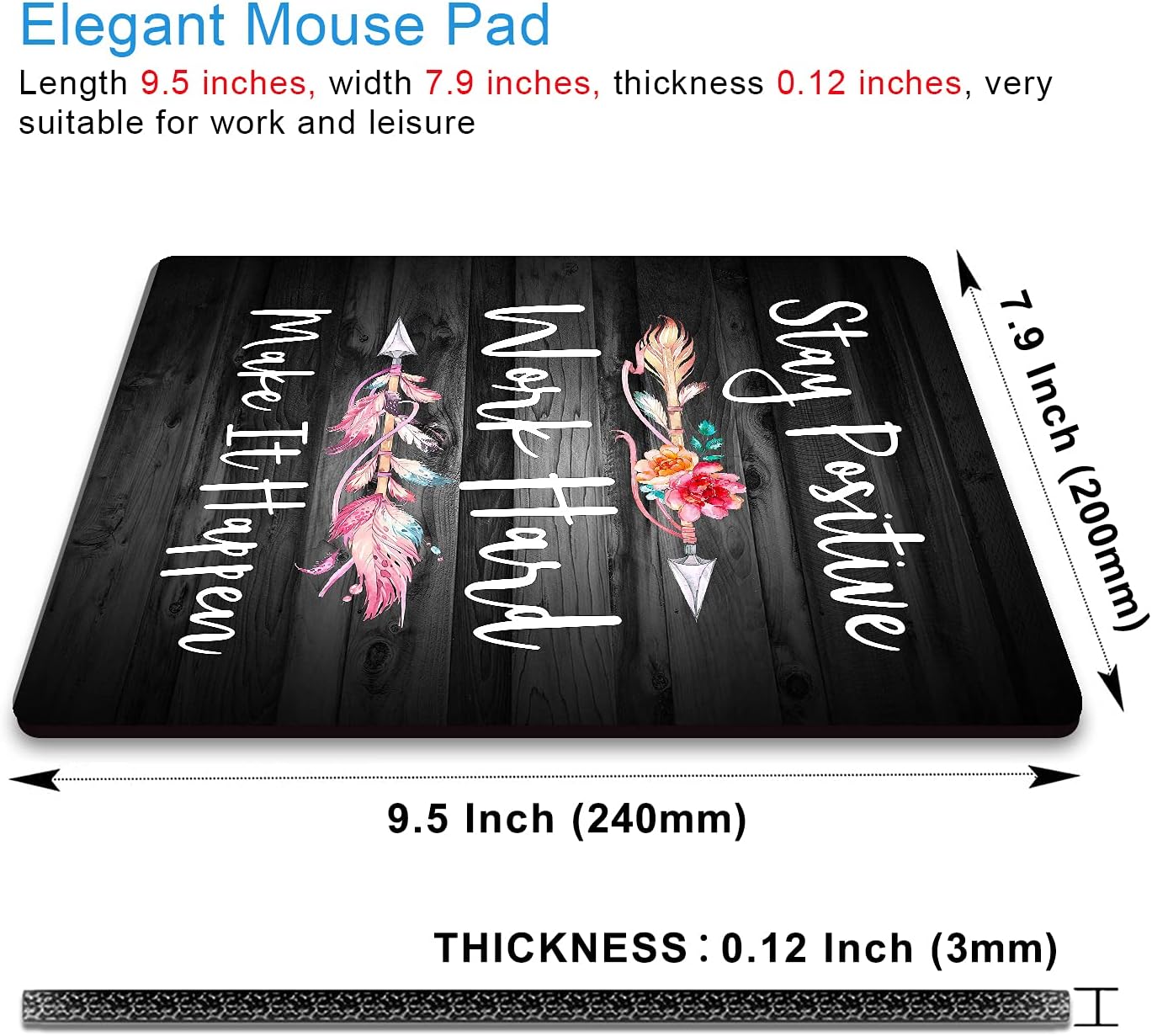 IMAYONDIA Rustic Black Wood Grain Mouse Pad, Black and White Quote Mouse Pad Office Decor, Mousepad Inspirational Quotes for Women, Stay Positive Work Hard and Make It Happen, 9.5 x 7.9 Inch