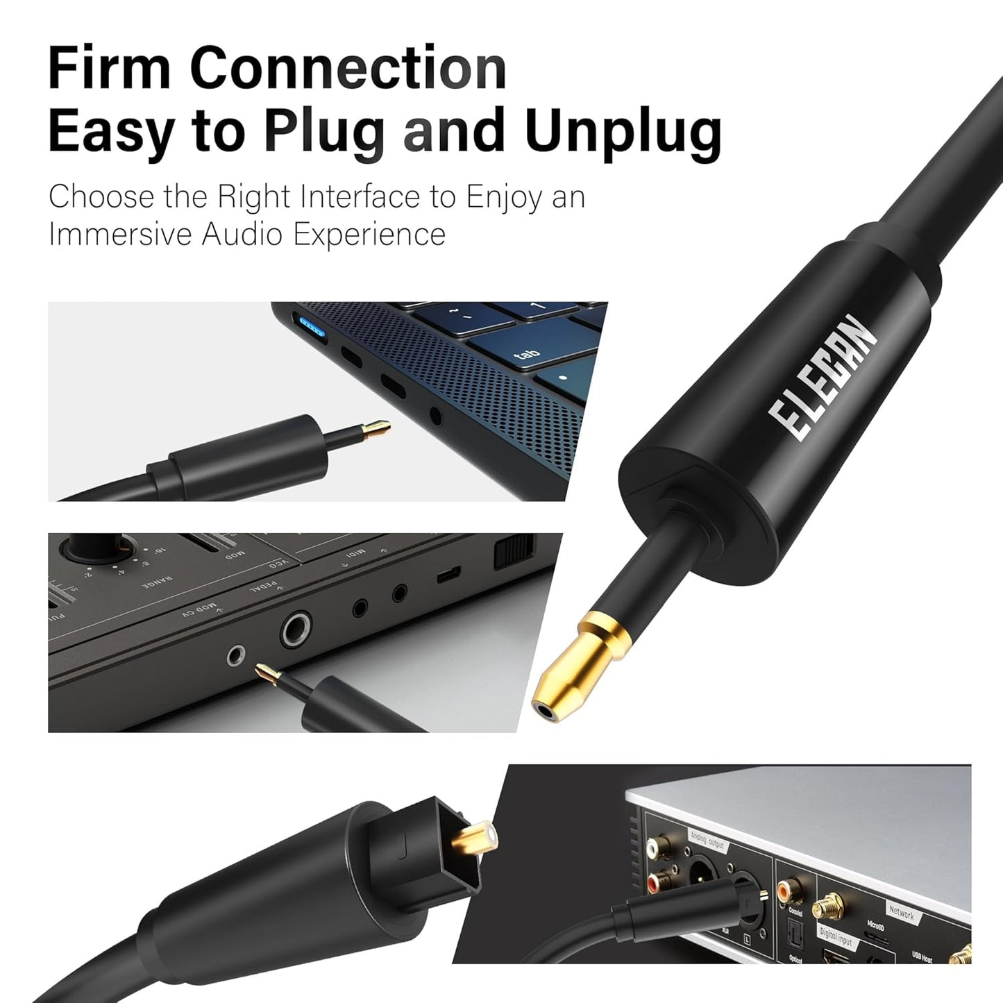 Elecan Mini Toslink to Toslink Digital Optical S/PDIF Audio Cable 35 Ft, Gold Plated Soft Flexible Fiber Optic Cable,Signal Protection PVC,Surround Sound for Soundbar,Home Theater,Hi-Fi System+Ties MI